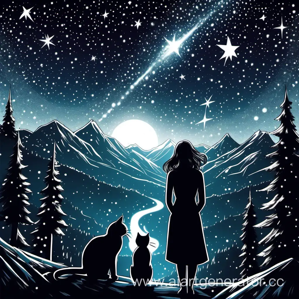 Темное ночное небо, звёзды, в небе одна очень яркая звезда/ луч от нее падает на милует женщины с котом в руках/ вдали видны горы и лес
