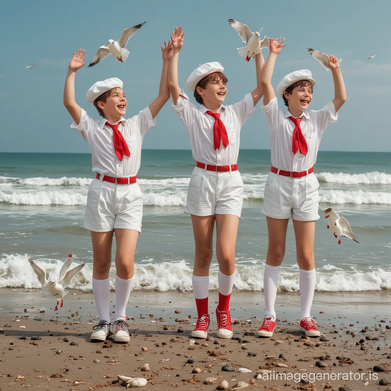 Four 16-year-old boys in a white beret, a short white shirt with a red tie, white very short shorts with a red belt, red knee-high socks, white sneakers. They are standing on the seashore and cheerfully waving their hands. The sky is blue without clouds, seagulls are flying.