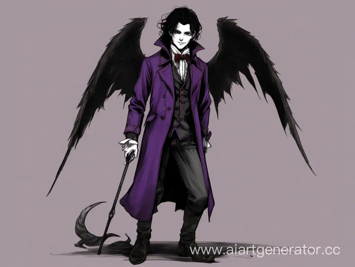 The guy is short, looks like a fifteen-year-old teenager. He has slightly disheveled, coal-black hair. He has very pale skin, gray eyes and a sinister smile all over his face. He is dressed in eighteenth-century English clothes. He was wearing a purple raincoat, a frayed bow tie, black trousers and leather shoes on his feet. He was holding a cane in his hands. There were different rings on his fingers. There was a scar on his neck that looked like it had been severed from his head. His shadow was smiling ominously. There were six black wings on his back. Devil horns protruded from his head, and there was an angelic halo above his head.