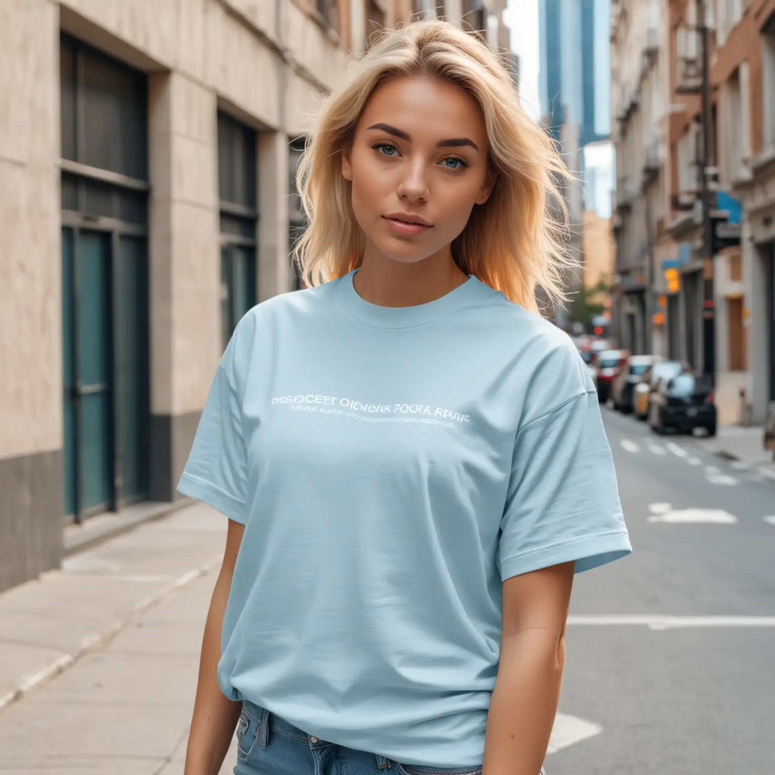 blonde woman wearing light blue oversized gildan 5000 t-shirt mockup street background, looking front