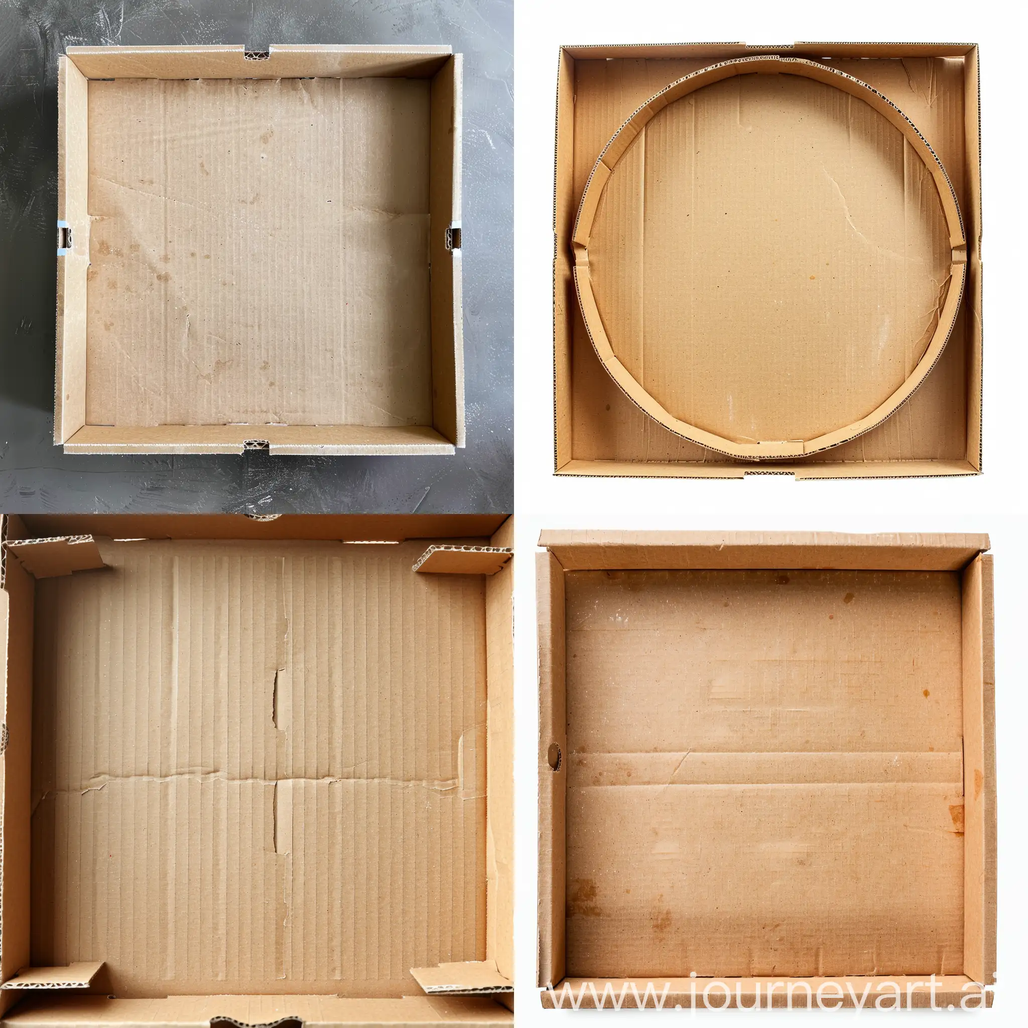 Empty cardboard pizza box , top view .