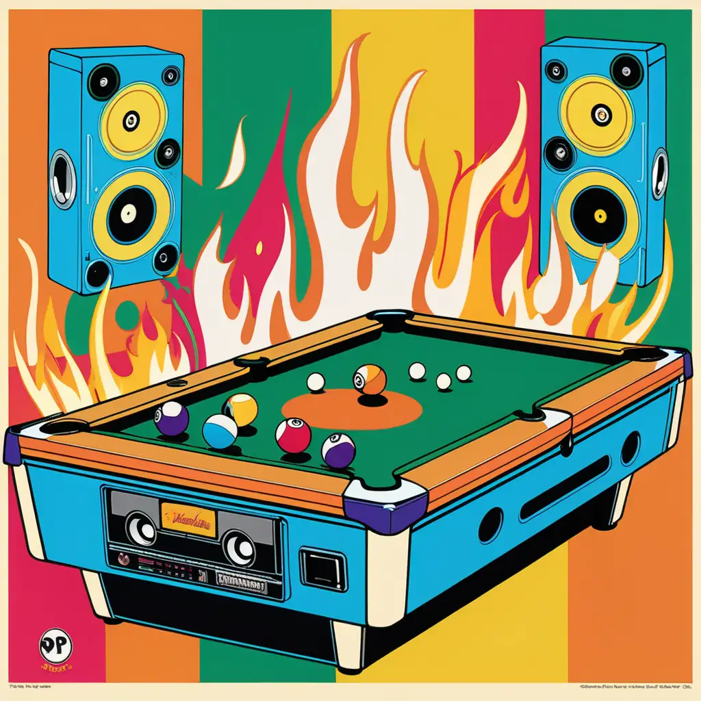 pool table boombox, "toys on fire"
[style: 1990s advertisement]
[art influence: abstract pop art]
colors: greens, blues, oranges, pruples, yellows, blues
