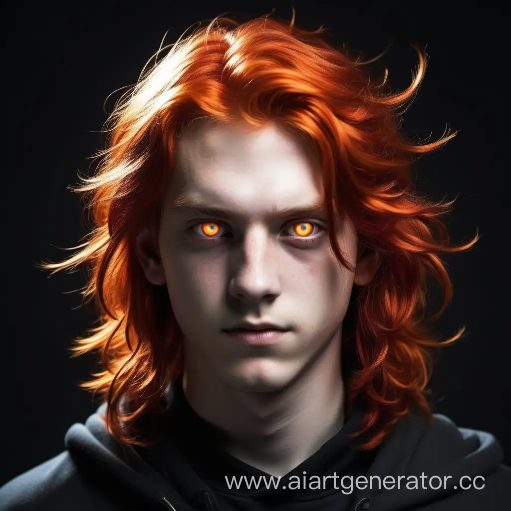 A fiery-eyed 16 yo with shoulder-length fiery hair, with fiery serpent eyes, without a beard, without face coloring, in ordinary clothings