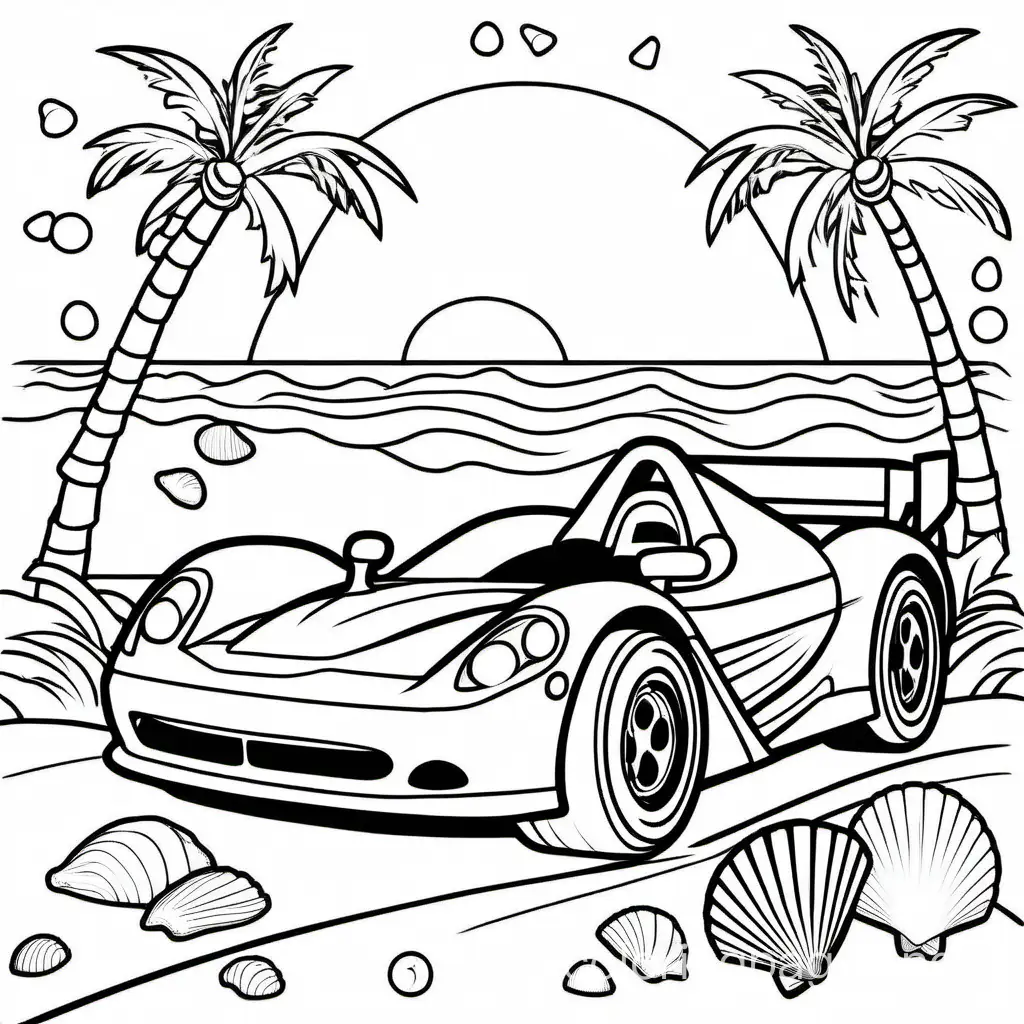 BeachThemed-Race-Car-Coloring-Page-with-Palm-Trees-and-Seashells