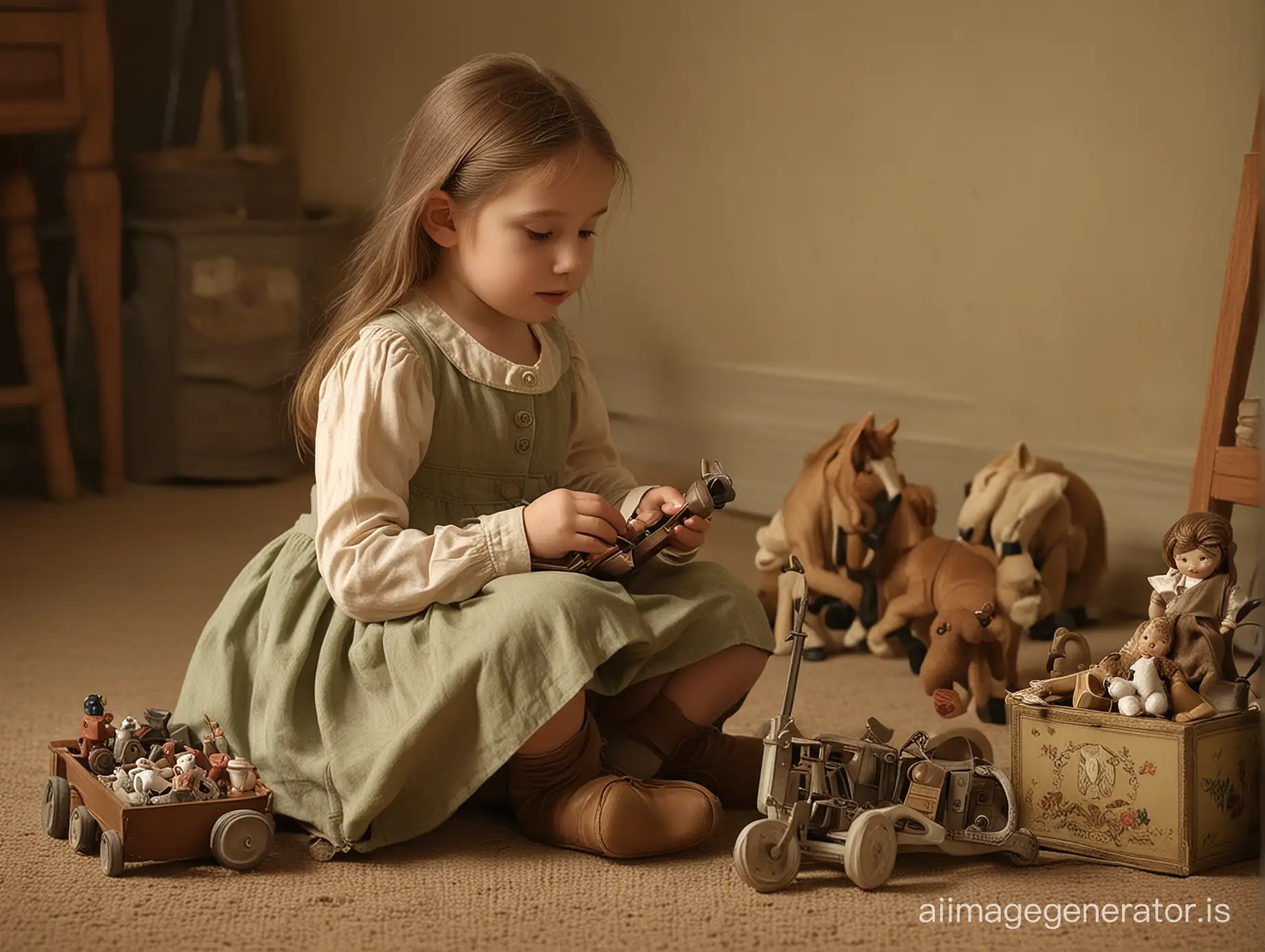 A girl, about 6 years old, sitting on the ground, captured in profile, is busy playing with old dusty toys, including dolls, music boxes, puppets, and rocking horses. She is holding a music box. Style: Detailed Photorealistic, Nostalgic and melancholic atmosphere, Warm and soft, dim light. Soft and diffused shadows prevail. Predominantly muted and dusty colors, such as brown, beige, and sage green. Warm and welcoming atmosphere.