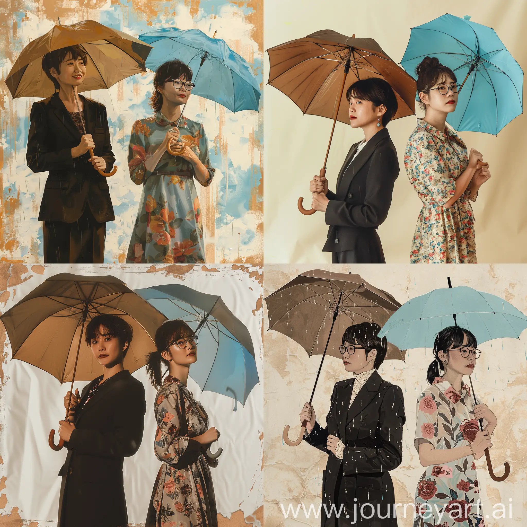 两名亚洲妇女在微雨中撑伞。左边的45岁，短发，女式黑色西装，伞是褐色的。右边的20岁，马尾辫，戴眼镜，穿碎花裙子，伞是天蓝色的。