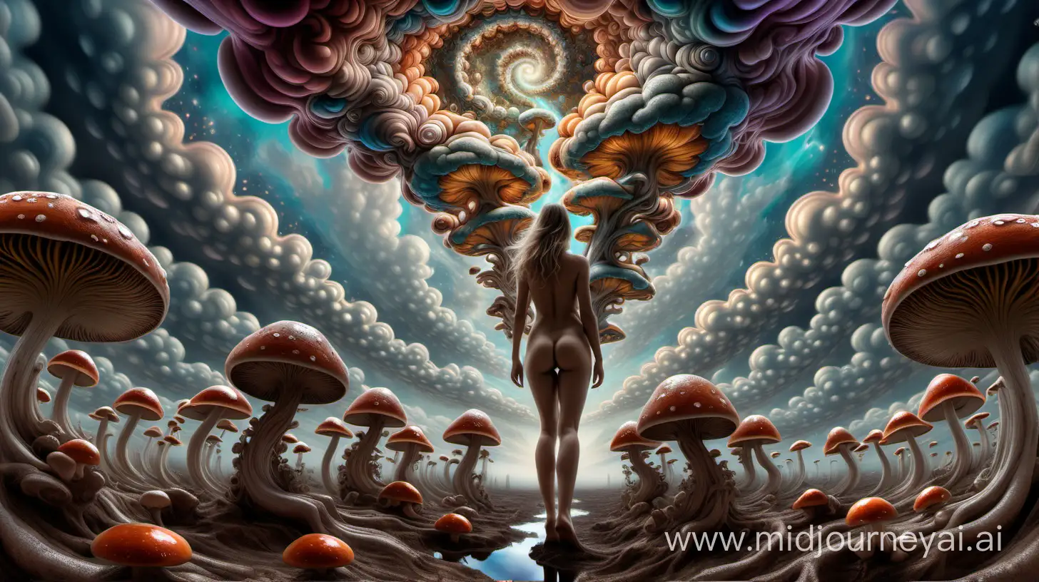 Psychedelic fractal sky with swirling fluid ,  mushrooms extending from the ground up to the sky on right and left, nude female figure standing in center facing the sky, hyper realistic, moody and euphoric