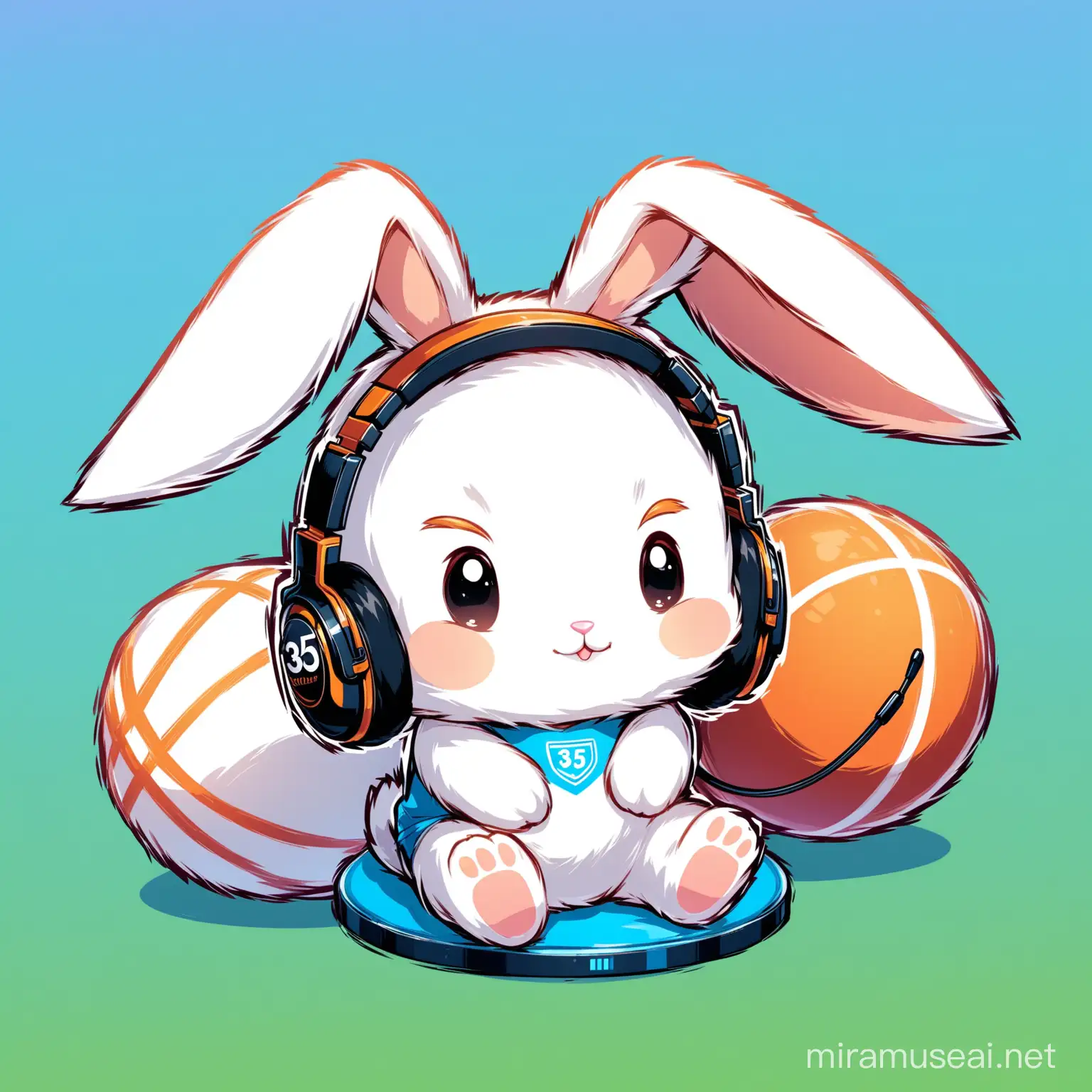 logo, bunny, mascot, sport, have full body bunny, sit,  wear headphone, caster, 35 degree inclined surface