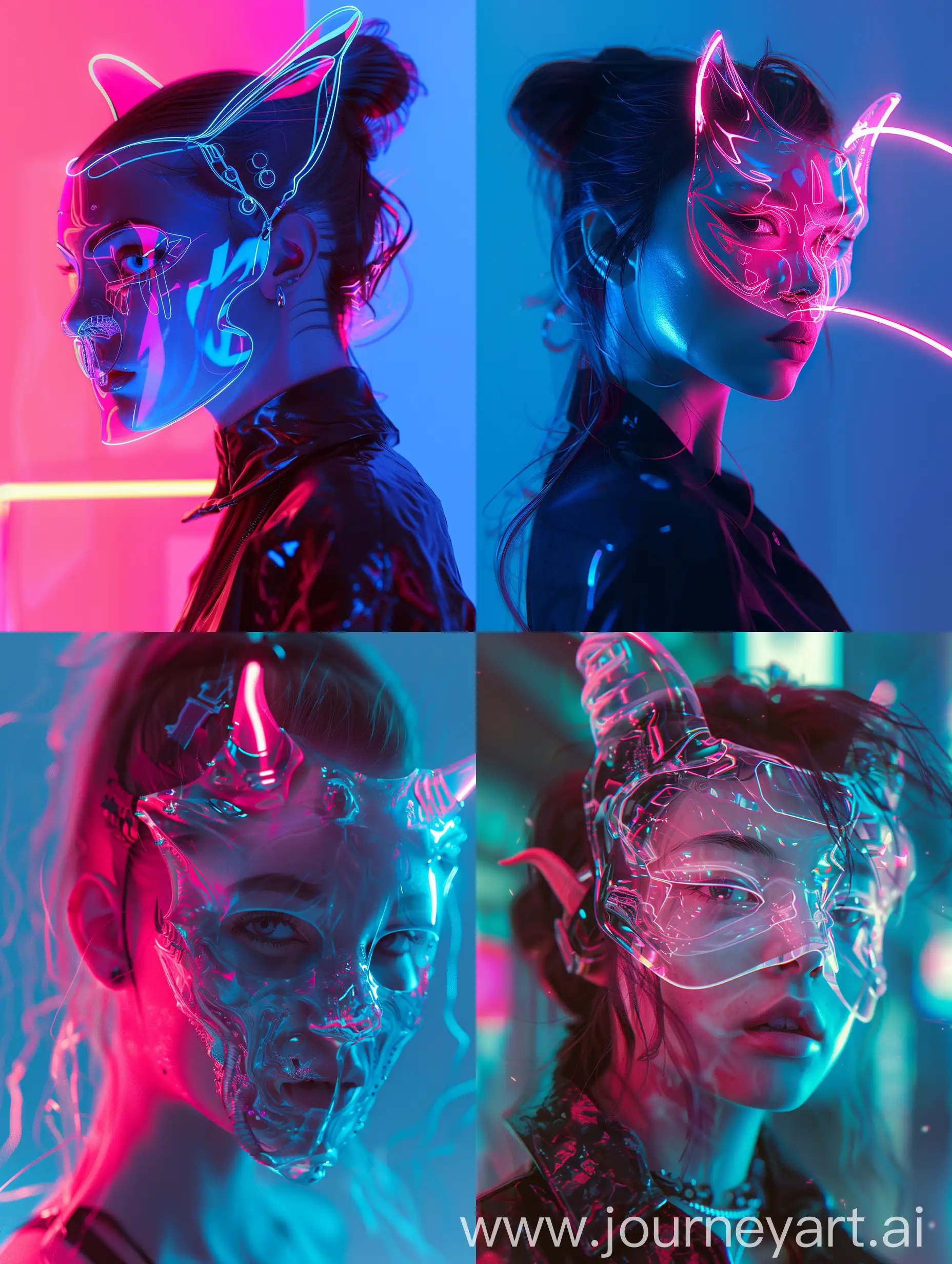 Futuristic-Cyberpunk-Demon-Woman-in-Translucent-Glass-Mask-Amidst-Neon-Lights
