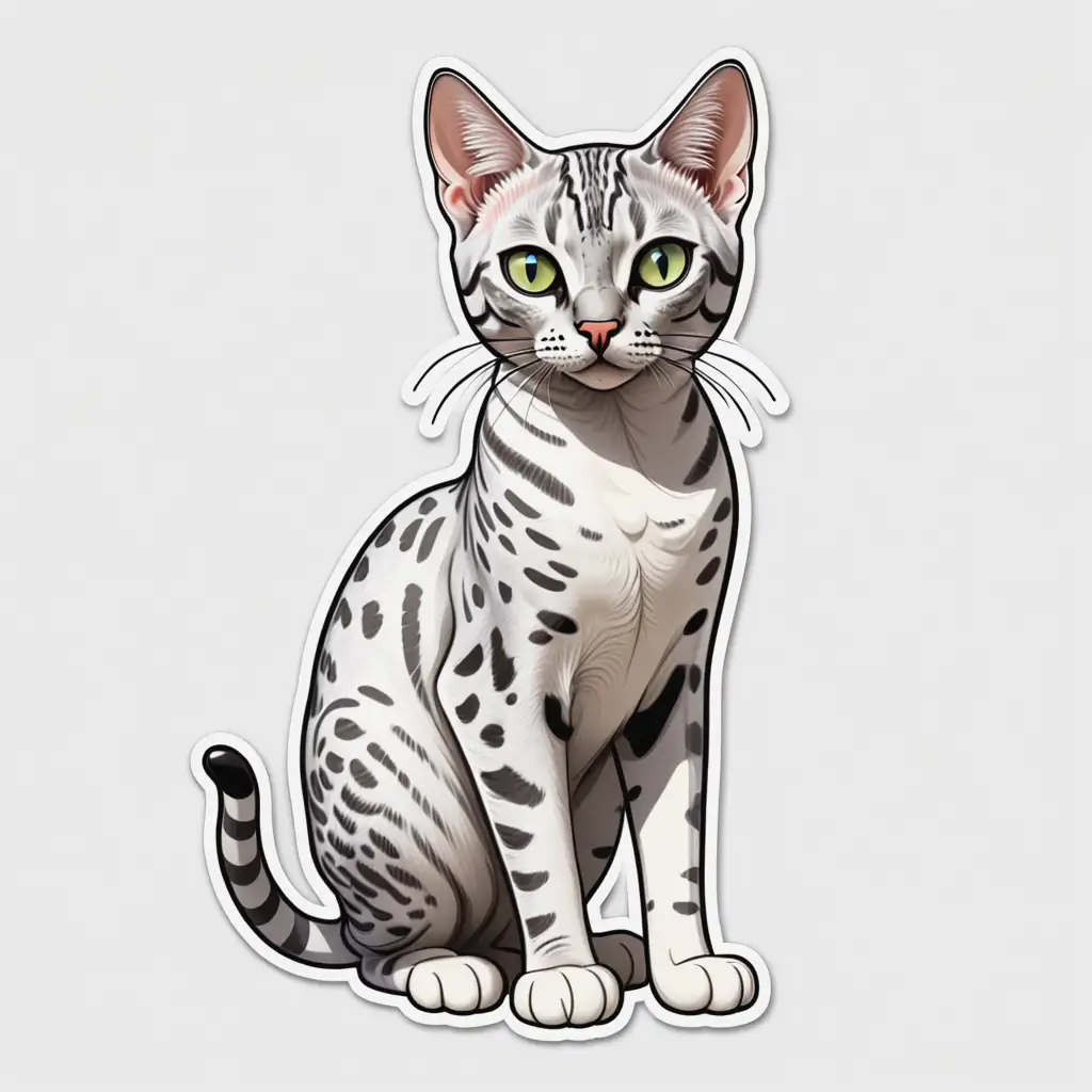 white background a cute Egyptian Mau cat full body, caricature style, exaggerated features, bold lines no shadow, bold clean edges, die cut sticker