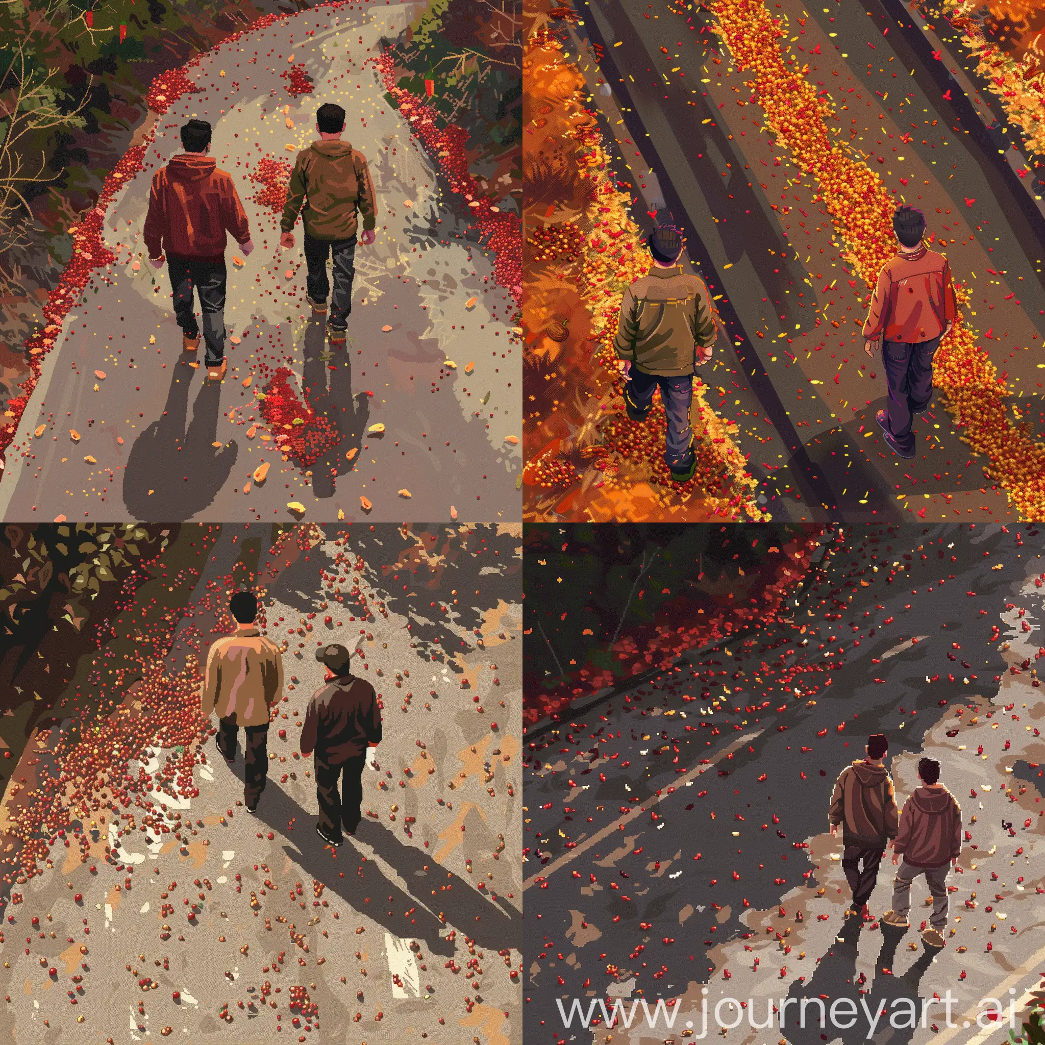 像素风格，两个男人走在一条铺满花椒和辣椒的公路上