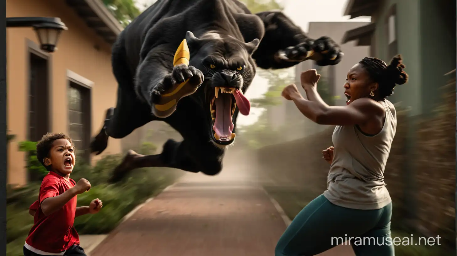 a photo of an angry black mother chasing her son while he runs infront of her crying
