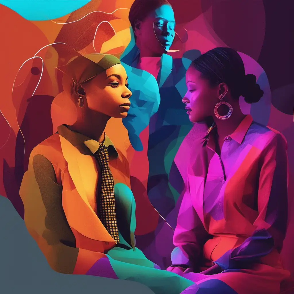 "Imagine using the colors in the image to design a visually captivating and emotionally engaging customer journey or experience. Utilize the rich palette, shades, and tones to represent diversity - 3 human talking
