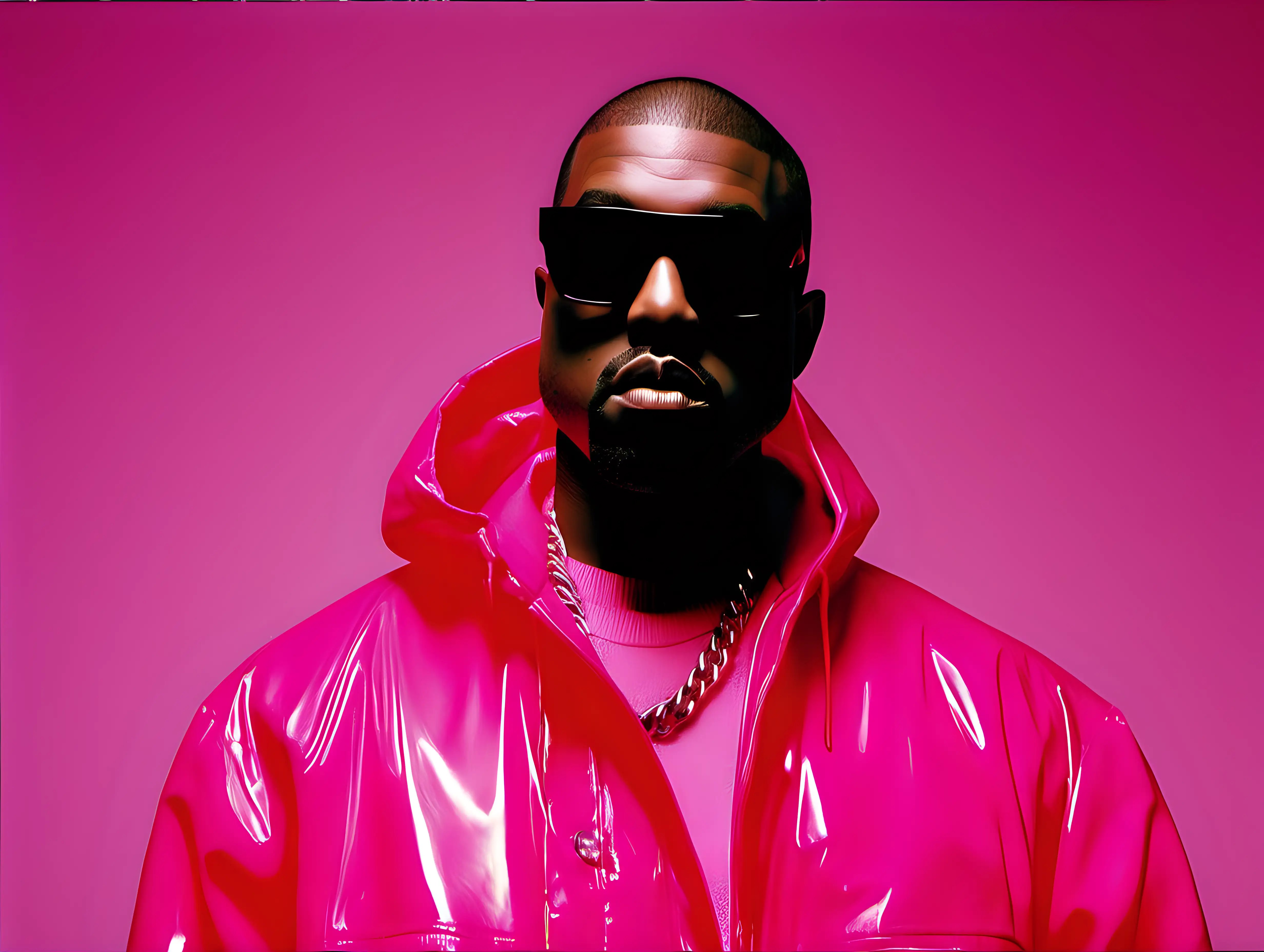 black and white film photo of Kanye west wearing neon pink jacket

