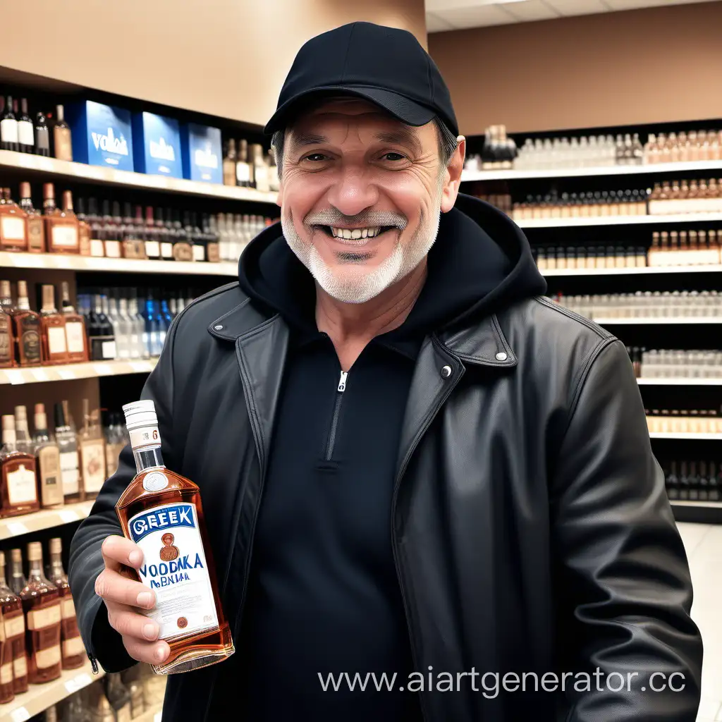 Smiling-Mature-Man-Exiting-Store-with-Vodka-and-Cognac-Bottles