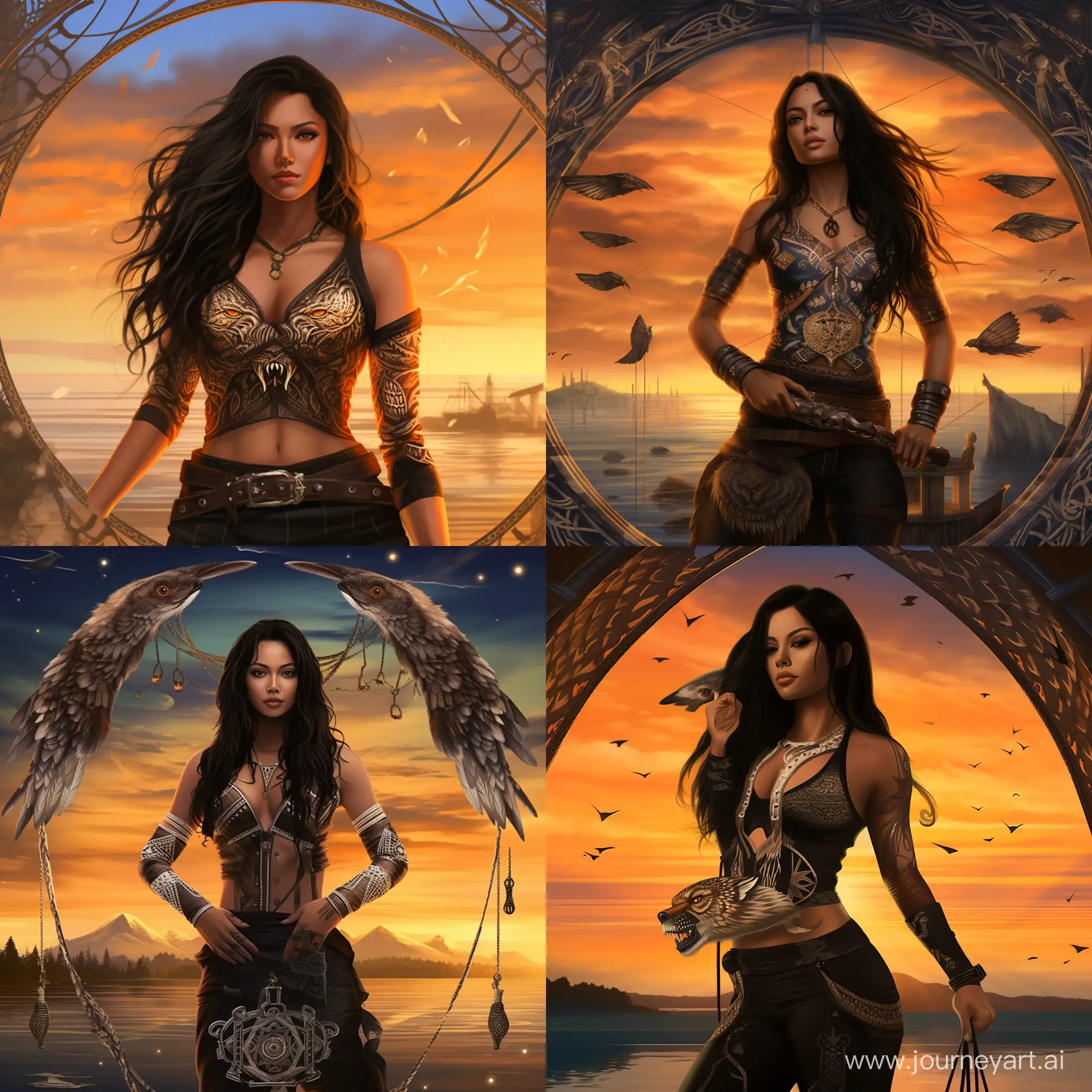 woman with long, smooth black hair, ((glowing amber eyes)), dressed in a sports jacket and shorts, open stomach, tattoos on her legs, (seduces) a falcon in the sky ((((stands against the backdrop of an intricate huge dream catcher))) ), against the background of a lake and a canoe, surrounded by haze, lightning, hyper-realism, high detail, masterpiece, maximum detail