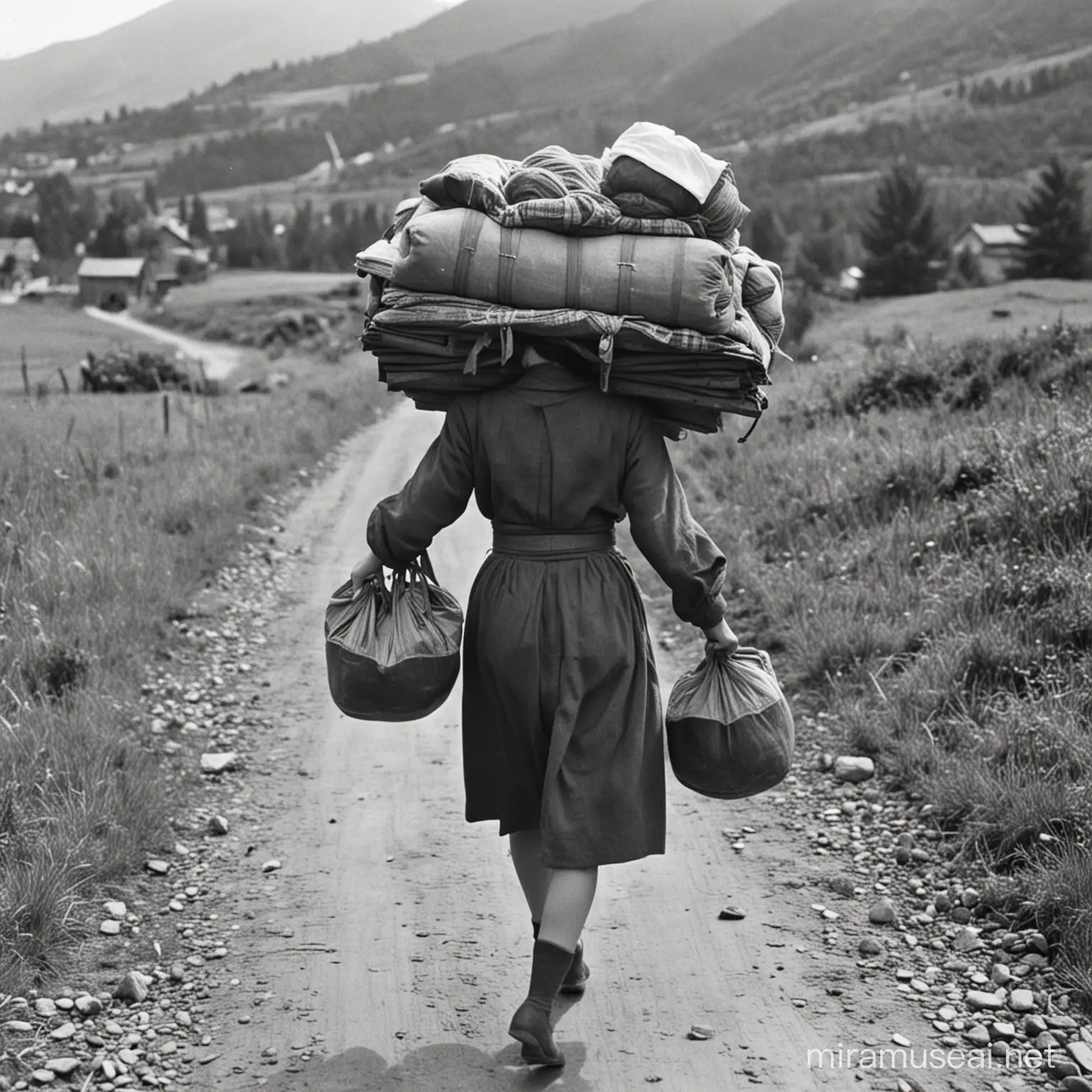 back of a jewish woman carrying heavy load on the way to mountains in slovakia 1944 