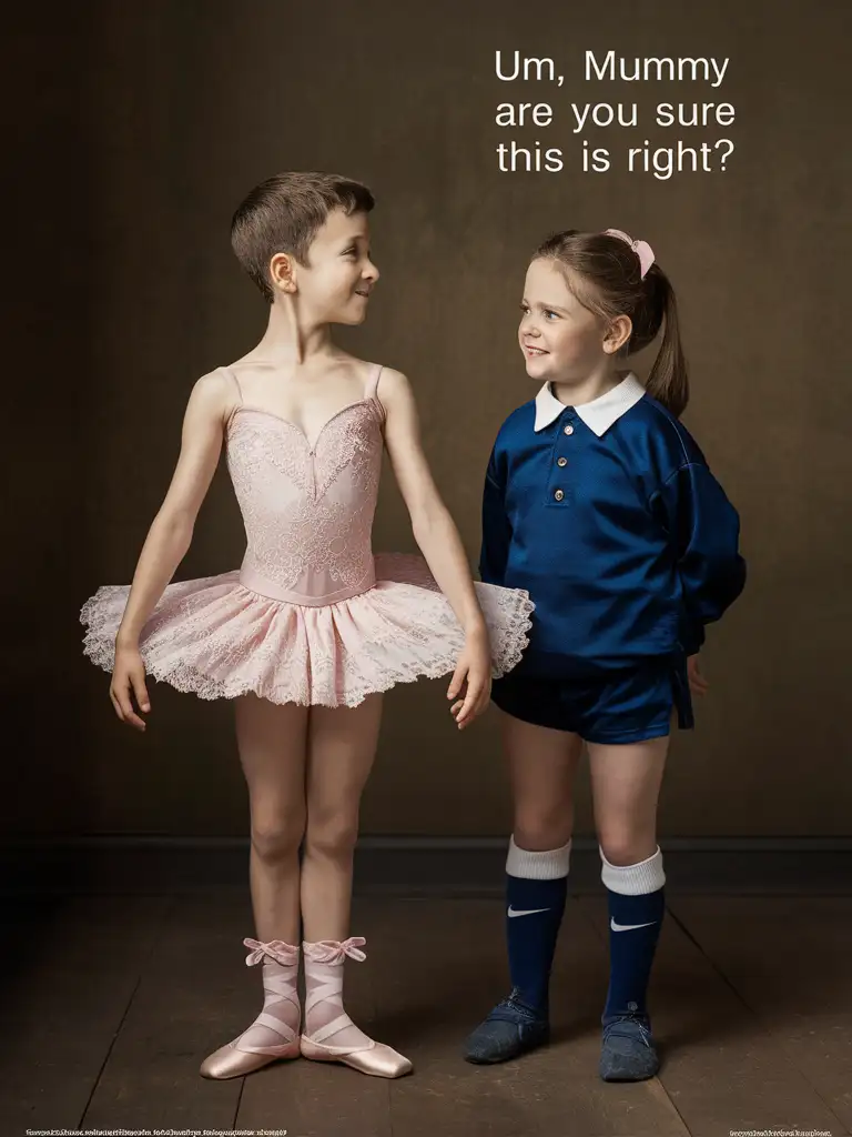 Gender role-reversal, a white cute 10-year-old thin boy, his mother has accidentally dressed him up in his sister’s tight lacy pink ballet dress and frilly pink ankle socks and ballet slippers, the boy’s 8-year-old sister who is wearing a baggy blue football uniform is stood next to the boy, adorable, perfect children faces, perfect faces, clear faces, perfect eyes, perfect noses, clear faces, smooth skin, photograph style, the photo is captioned ‘Um mummy, are you sure this is right?’, clear captions, accurate captions