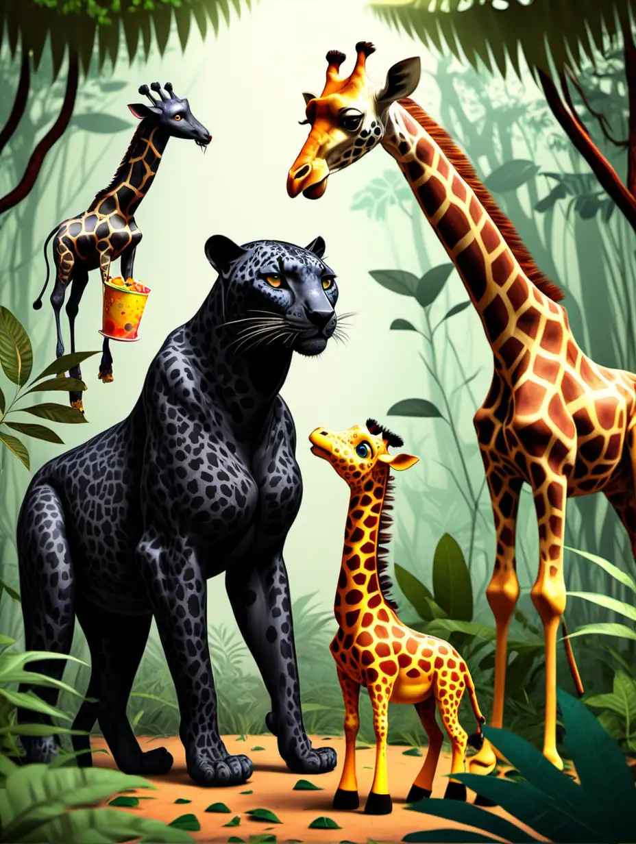 a kind black leopard sharing food with a  giraffe  in the jungle (For a Children's book)