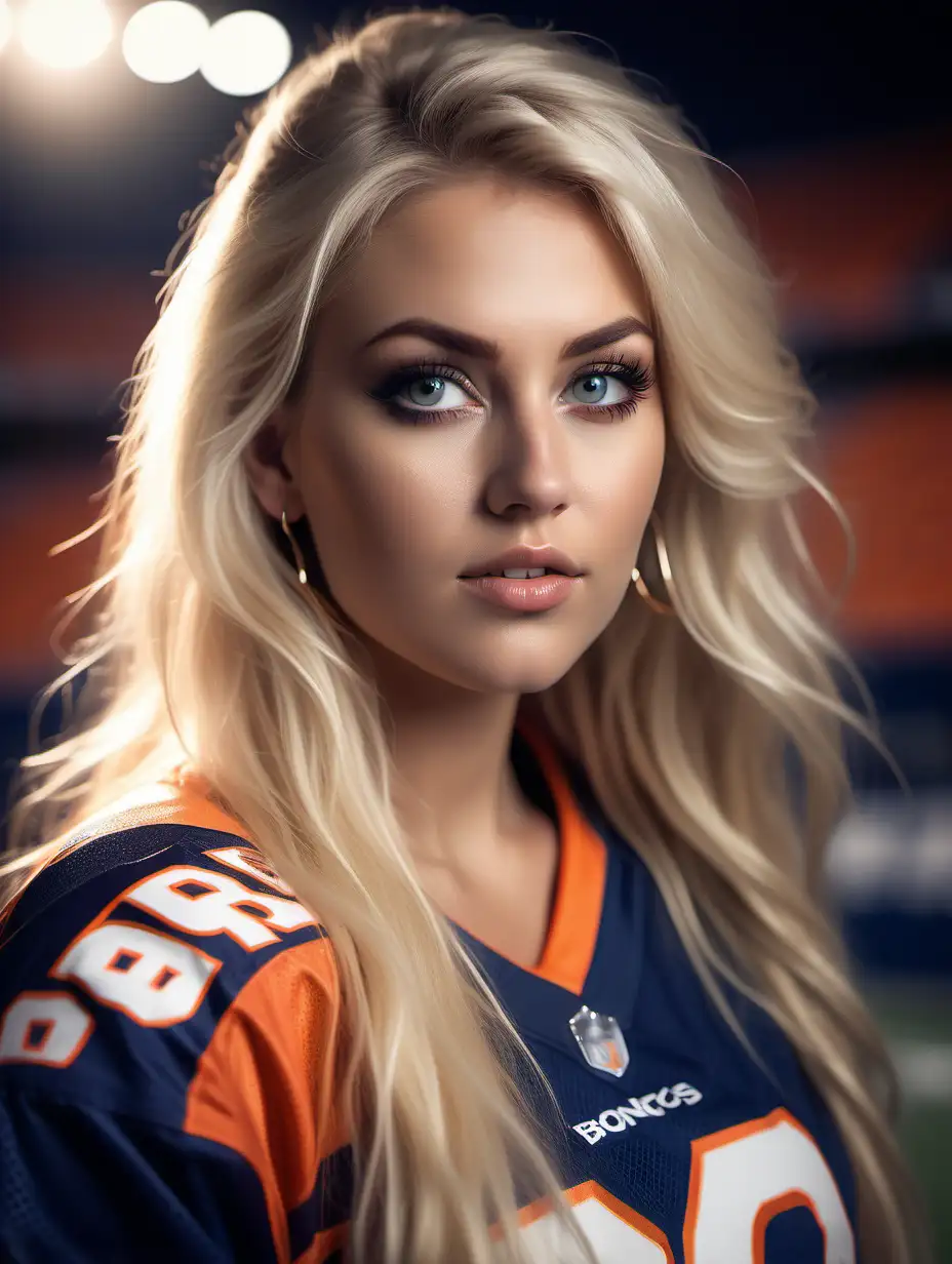 Beautiful Nordic woman, very attractive face, detailed eyes, big breasts, dark eye shadow, long messy blonde hair, big hoop earrings, wearing a Denver broncos jersey, close up, bokeh background, soft light on face, rim lighting, facing away from camera, looking back over her shoulder, standing in a private football stadium box, photorealistic, very high detail, extra wide photo, full body photo, aerial photo