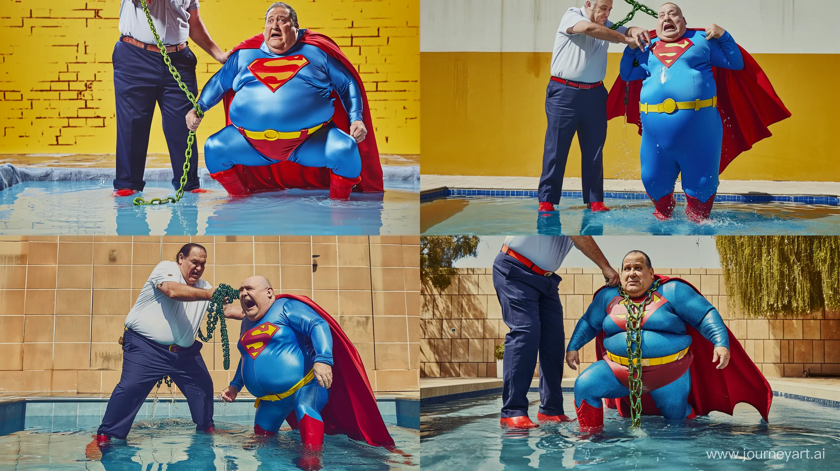 Photo of two characters together. The first man is an afraid chubby man aged 70 on the right dressed in a clean slightly shiny blue superman costume with a big red cape, red boots,  blue shirt, blue pants, yellow belt and red trunks crawling on hands and knees in a shallow pool. The second man is a happy chubby man wearing navy pants and a white shirt standing above him and tightening a heavy shiny green chain around the neck of the man on the right. Outside. --style raw --ar 16:9 --v 6