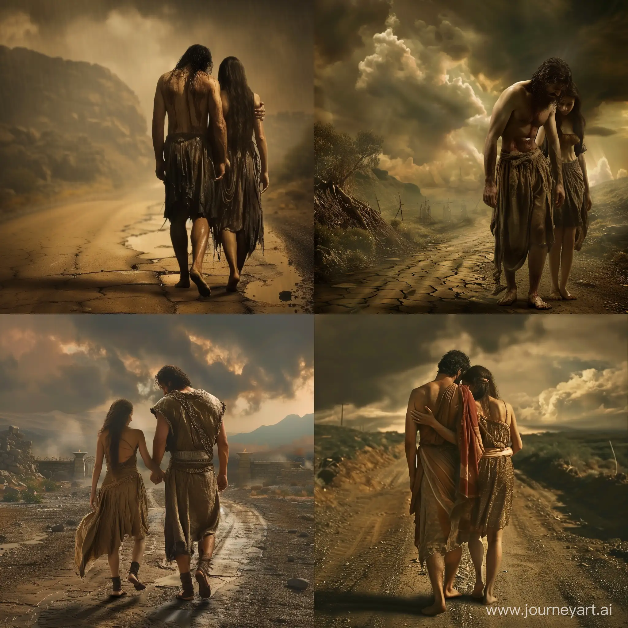 A beautiful image of Adam and Eve sad and crying walking on a barren road outside the gates of paradise