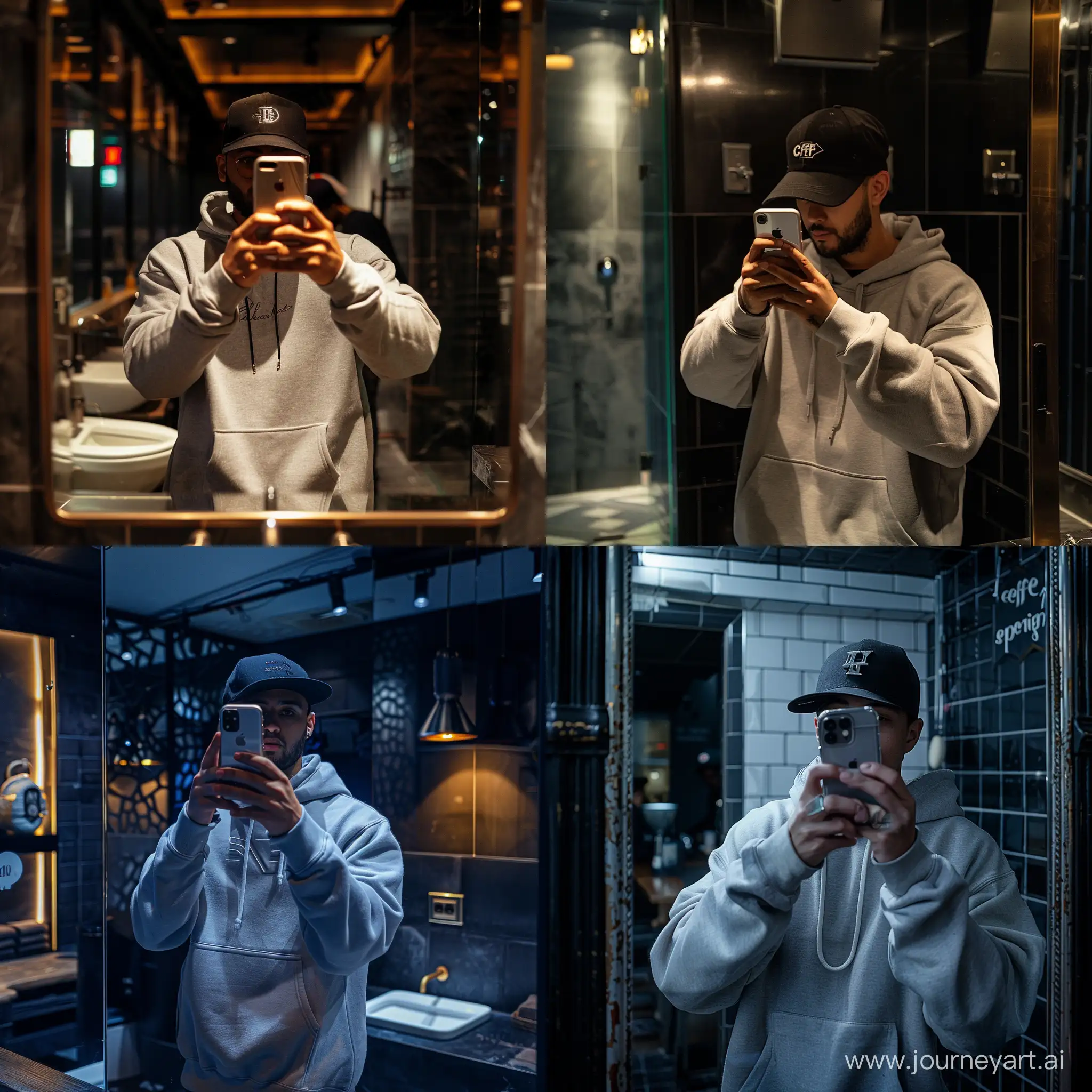 Man taking a mirror selfie, he has an iPhone 11 in hand, he is wearing oversized grey hoodie, a basic black baseball hat, he is in a high-end cafe bathroom, the bathroom is dark-themed