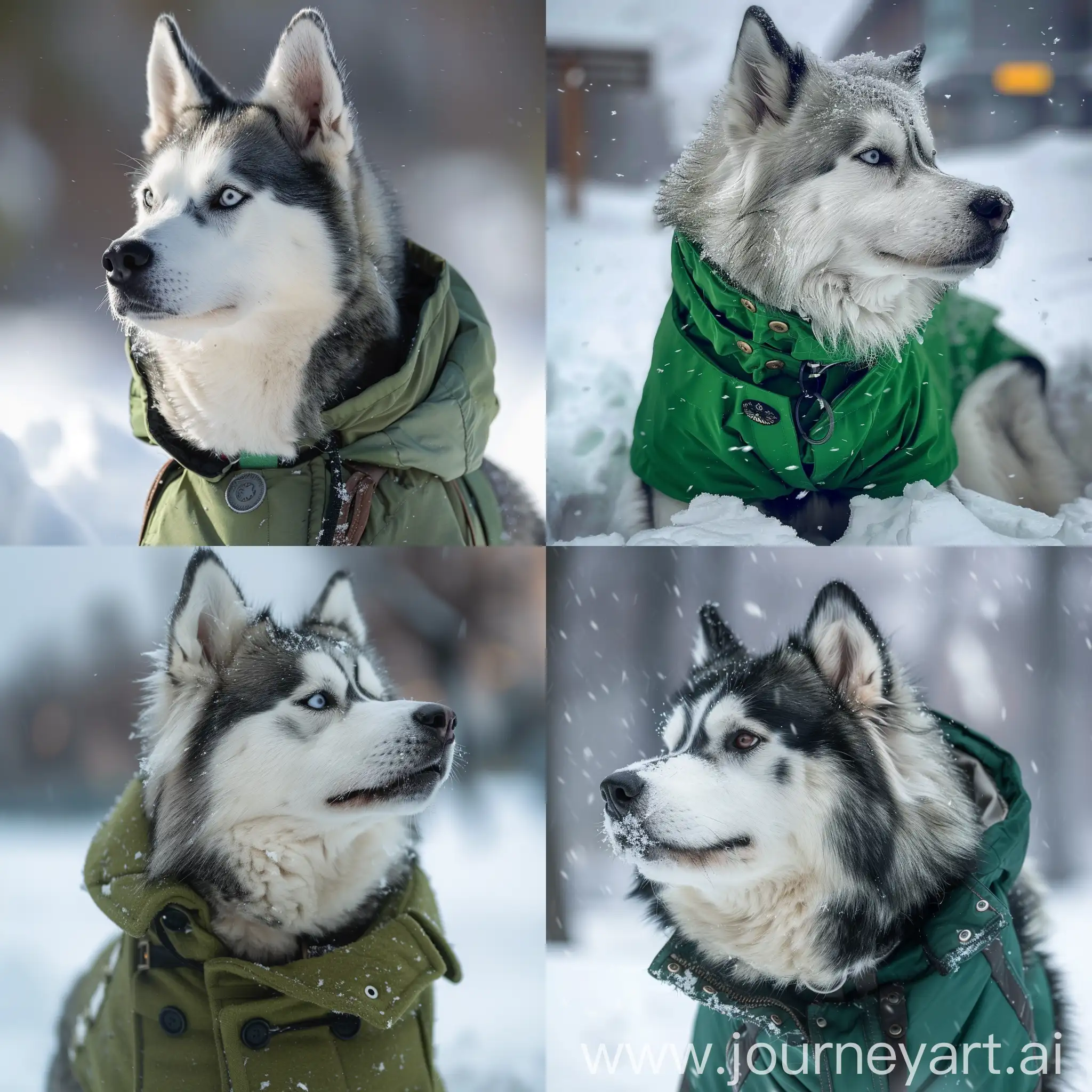 Husky in snow with green coat