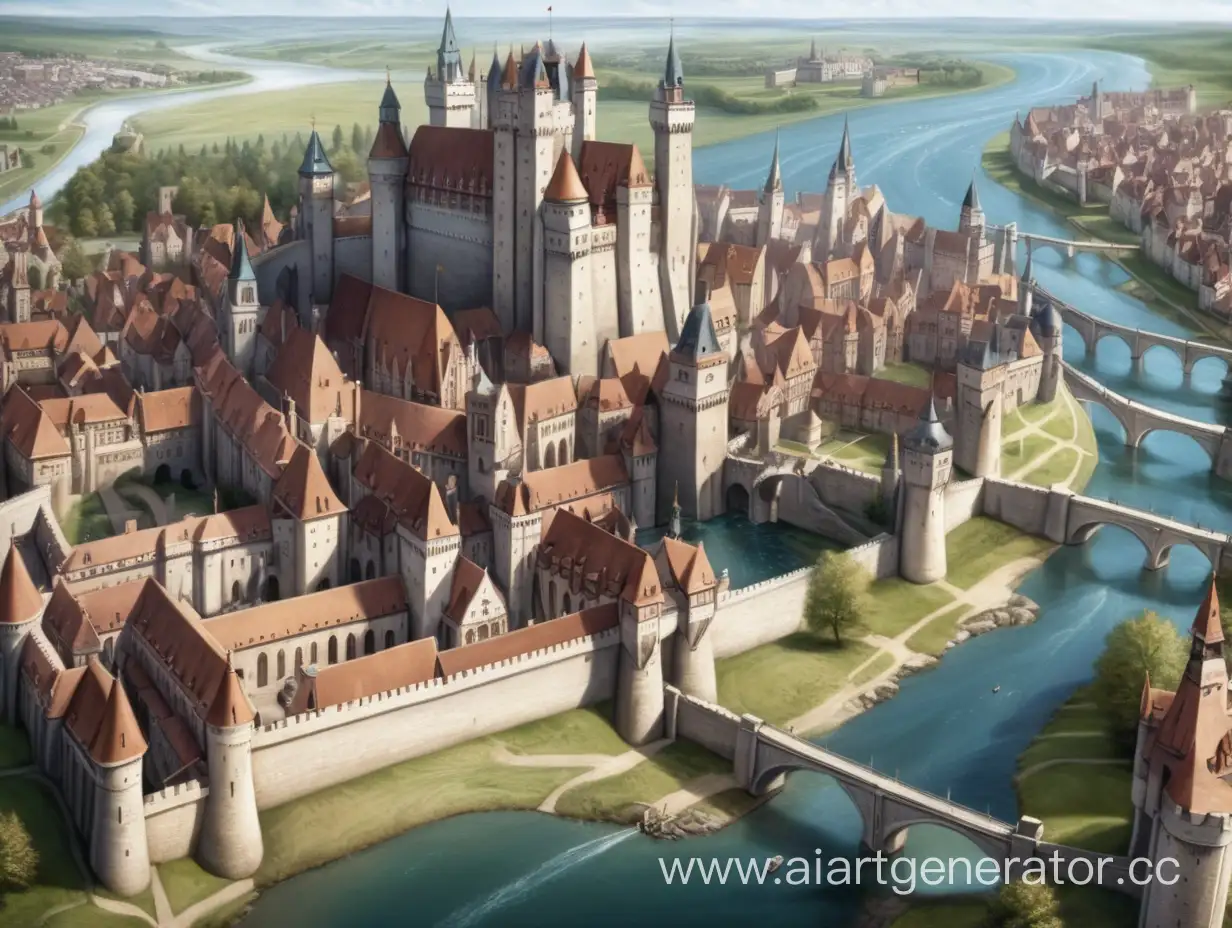Огромный средневековый город, с двух сторон от города две реки, город расположен на равнине, в центре города большой красивый королевский замок. 