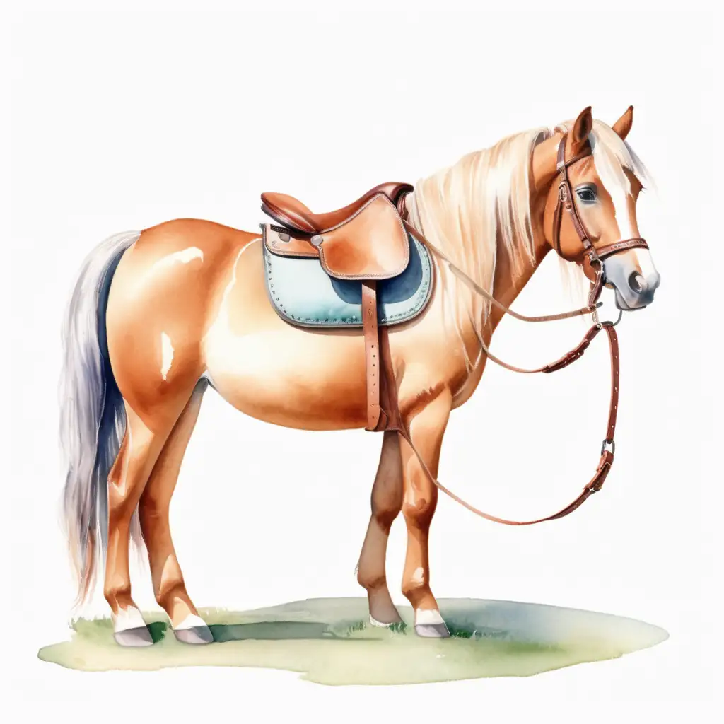Elegant Watercolor Portrait of a Pony in a Saddle