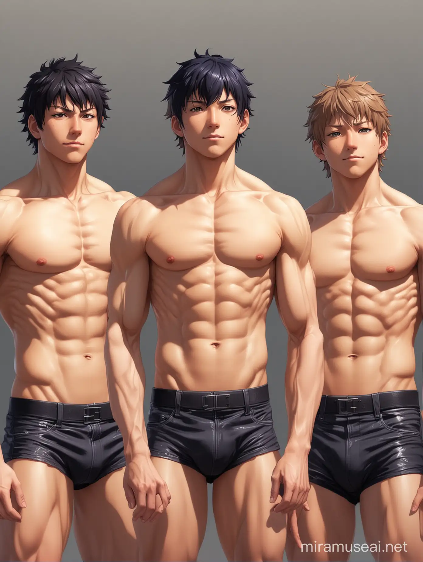 Anime style. Hinata Shouyou, very muscular, shirtless, eight pack abs, very tall. Standing beside shirtless Kageyama Tobio, thinner and shorter.