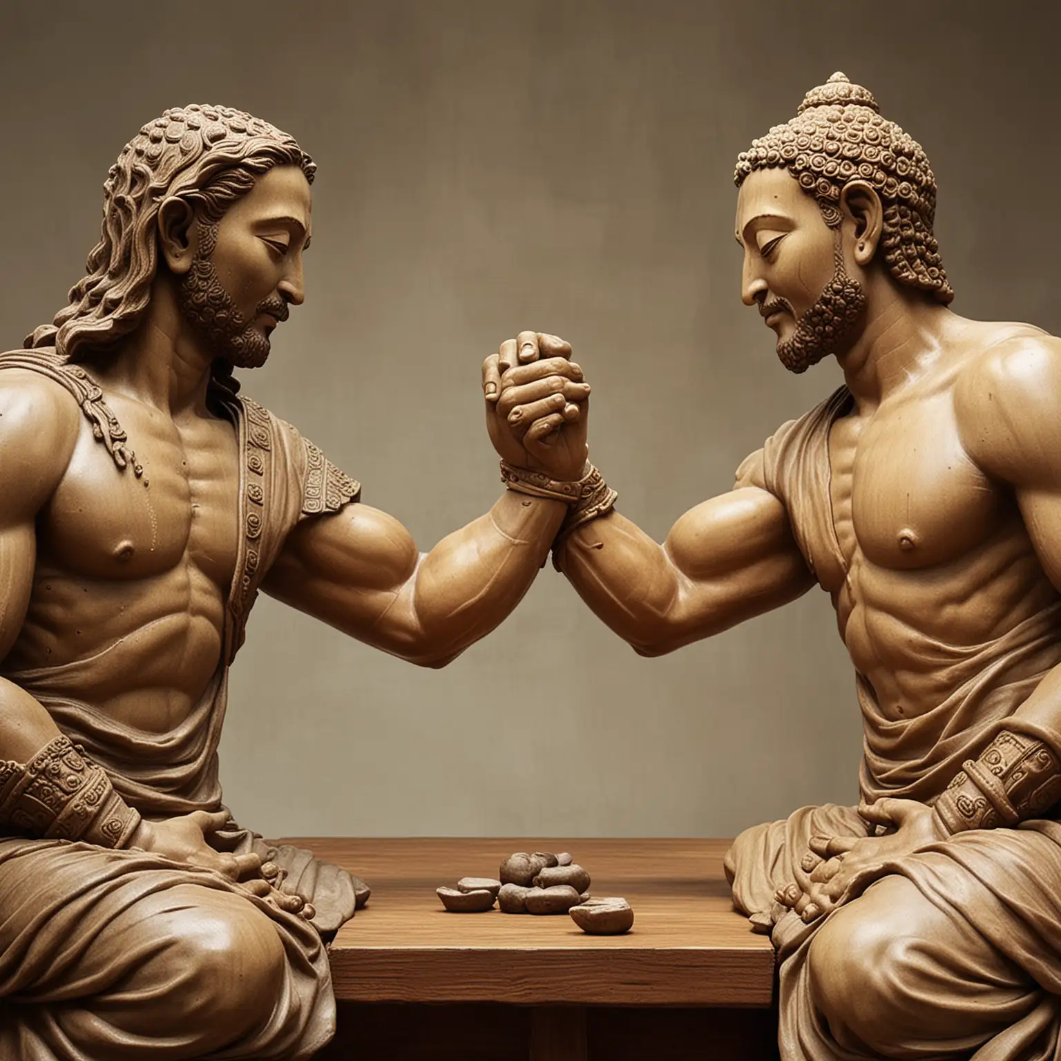 Jesus arm-wrestling Buddha.  Both are corporeal humanoids.