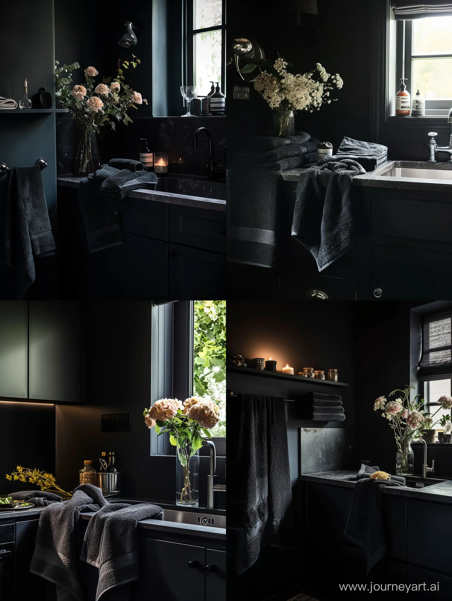Однотонные темные полотенца на темной стильной кухне , с хорошим освещением , высокого качества , с небольшим окном, с вазой цветов , размером 1600х1000