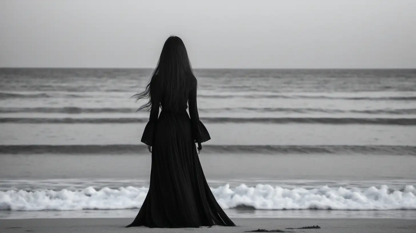 women long hair black, on the beach dressed in black, watching the sea, no colors