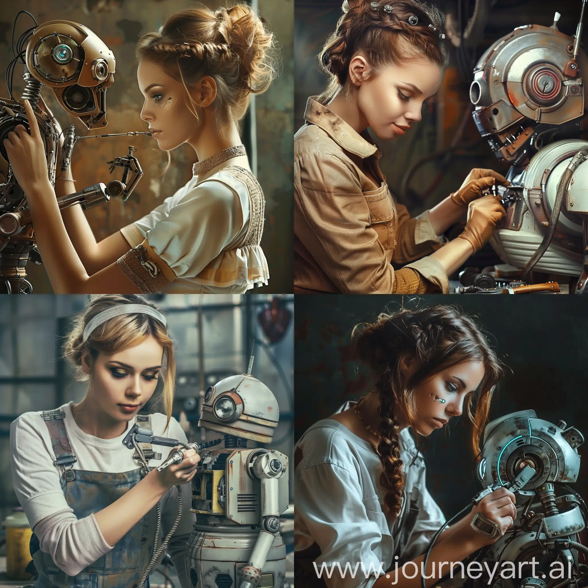 stwórz realistyczną piekną kobietę naprawiającą robota
