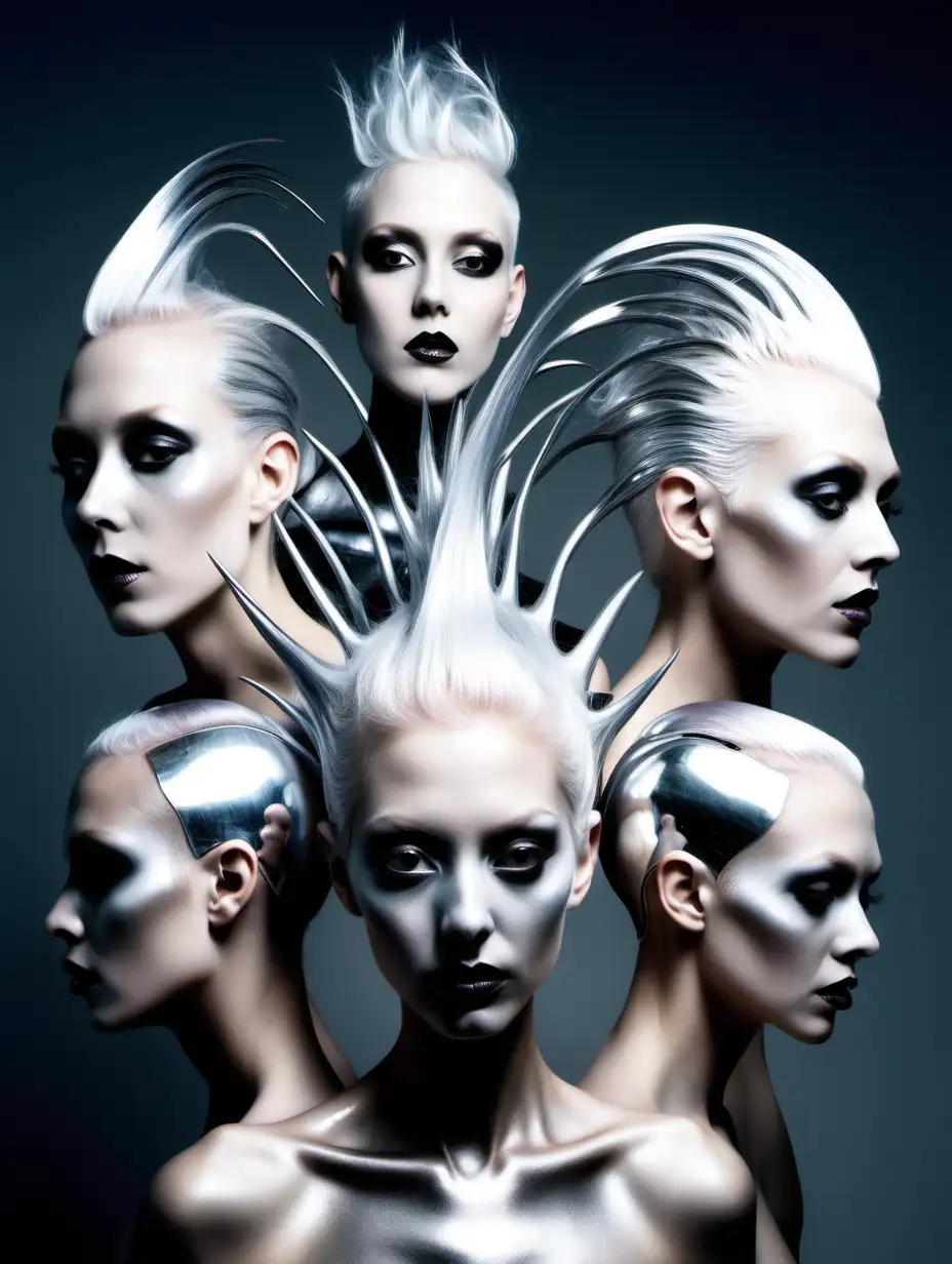 give me a hairdressing photo, make it extremely polished, the concept is that they are aliens with metallic silver hair falling to earth, make their bodies messed up and distorted, make them wear pvc, make the hair have lots of different shapes, make it as avant garde as possible, keep all the hair in the frame, make them have extra body parts, heads coming out of heads, be monsters
