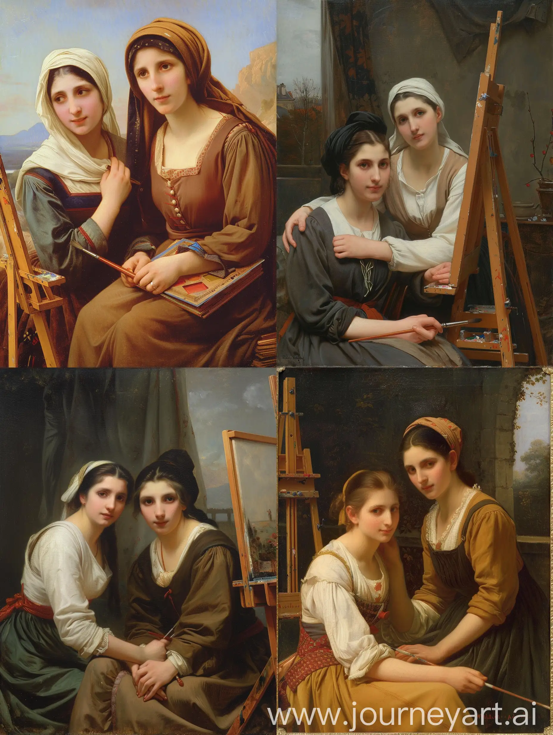 a painting of two women sitting in front of an easel, realsim ,by William Adolphe Bouguereau