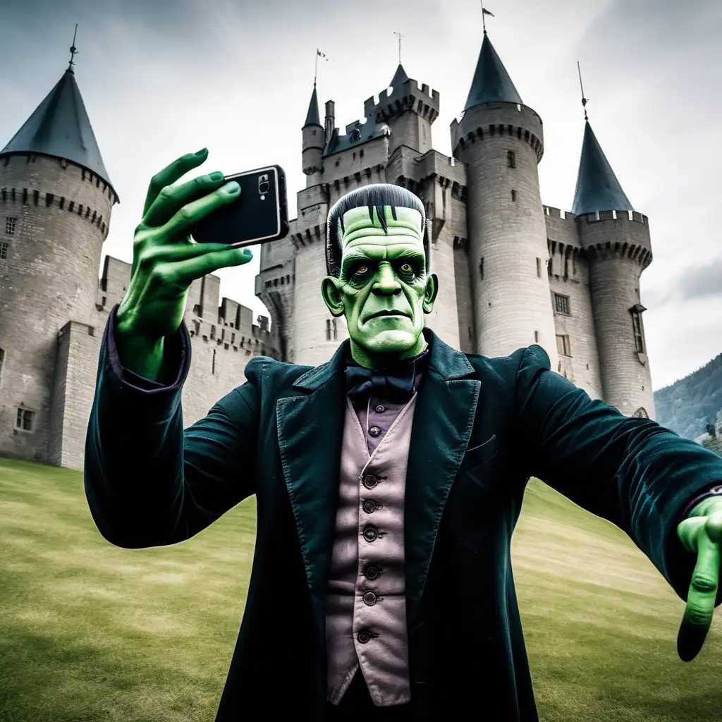 Frankenstein monster taking a selfie while standing in front a castle