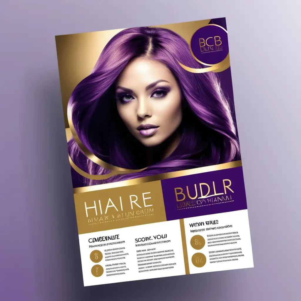 create a modern layout of a  flyer for a hair bundle business, color scheme is purple and gold 