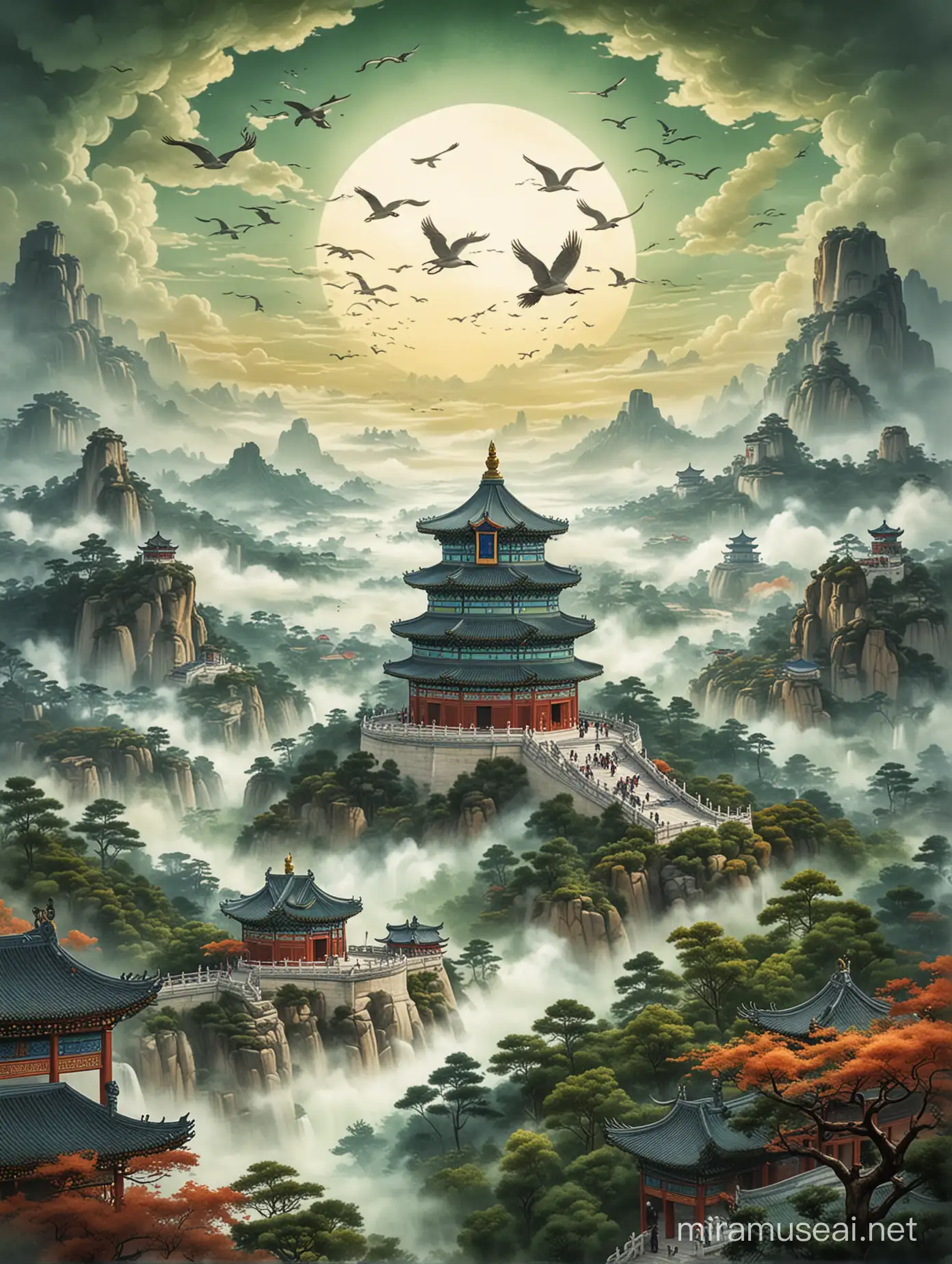 Temple of Heaven, ancient architecture, illustrations, masterpieces, colorful auspicious clouds, cranes, green mountains, halos，Castle in the Sky, Bird view, atmospheric lighting, Tradition Chinese Ink Painting style, 