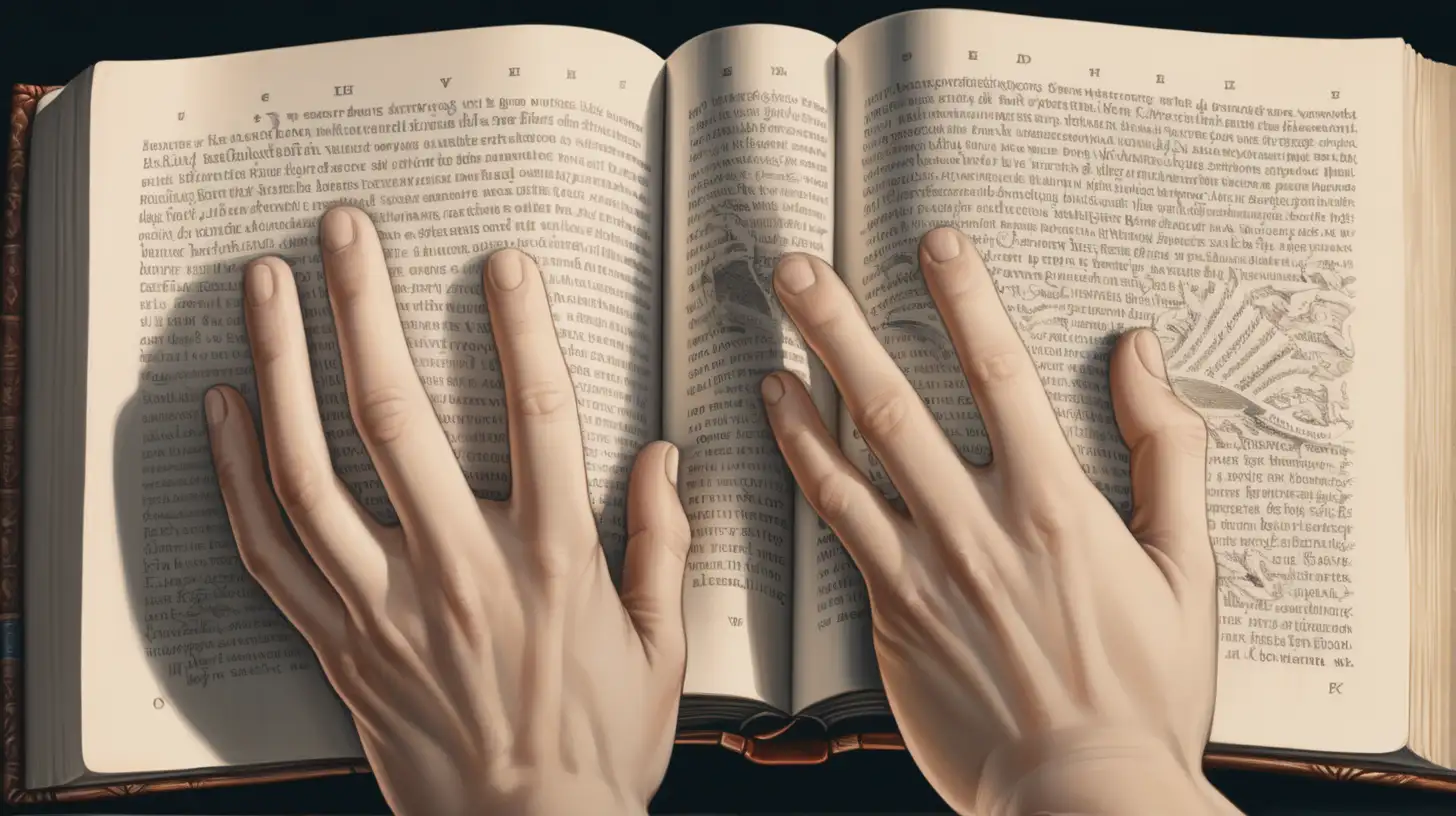 The hands of a reader gripping the edges of an open hardcover book, with the pages visible between their fingers.