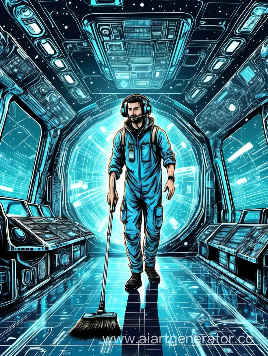 Futuristic-Spaceship-Janitorial-Work-Man-with-Holographic-Screen-Mopping-in-2137
