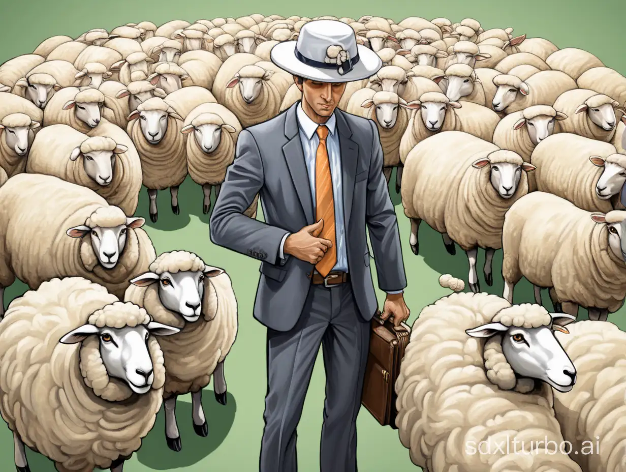 A businessman with a nice description, wearing a hat on his head, flushing sheep in the beginning.