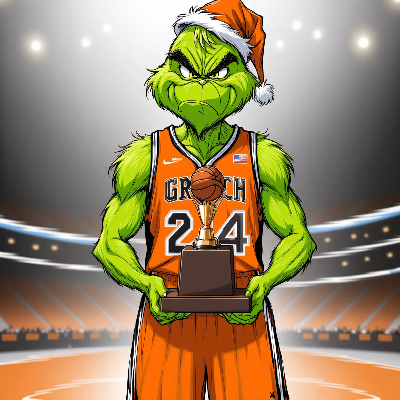 Grinch wearing orange and black basketball uniform and holding a championship trophy