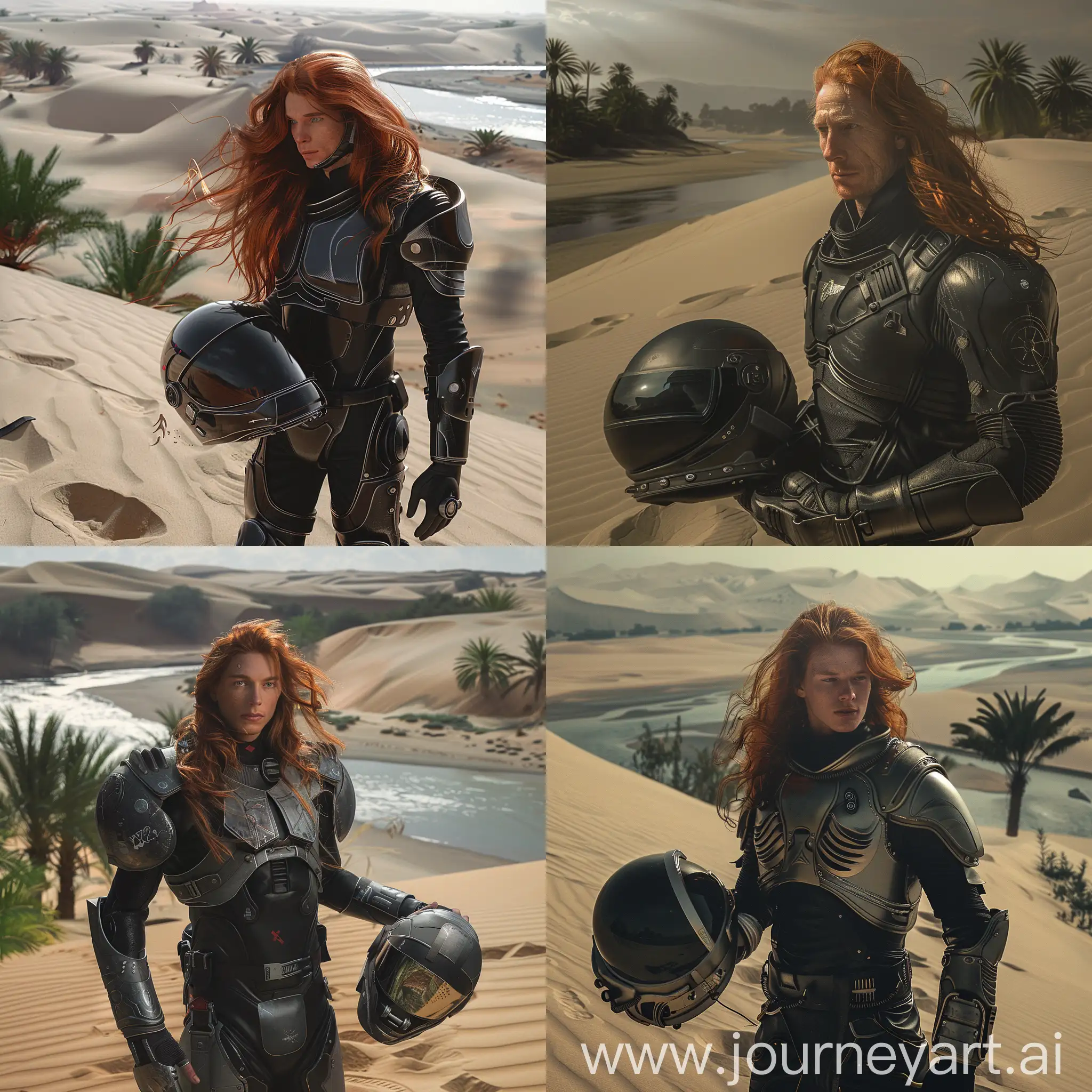 a 30-old-year man in lightweight space protective space armor with a little long red hair in the foreground, He holds the helmet in his hand, large dunes, sand, river and palms in background, beautiful, sharpness, romantic, footprints in the sand, , fantastic, photography, close-up, hyper detailed, trending on artstation, sharp focus, studio photo, intricate details, highly detailed, in the style of black and dark silver, y2k aesthetic, soft, dream-like quality, princecore, smooth and shiny, pensive poses, precise detailing