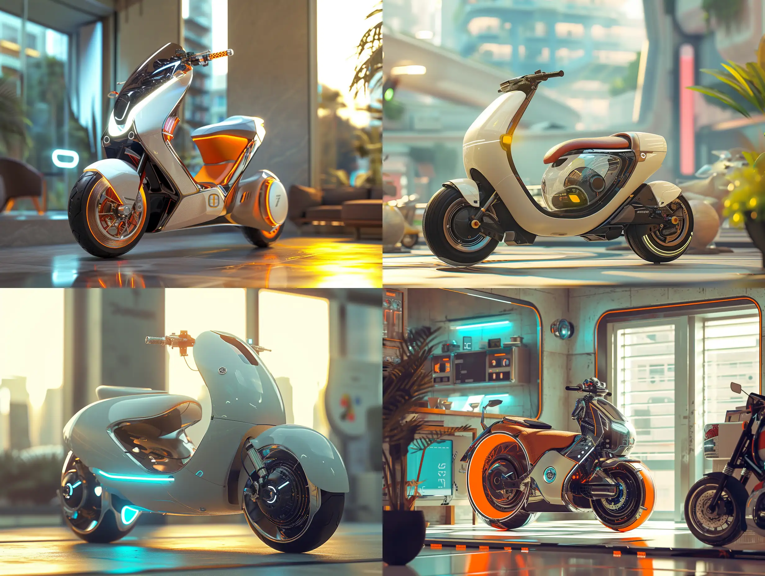 Futuristic scooter from 2050 inside scooter showroom, high technology, photo shot, extremely detailed, masterpice, artstation, afternoon light.