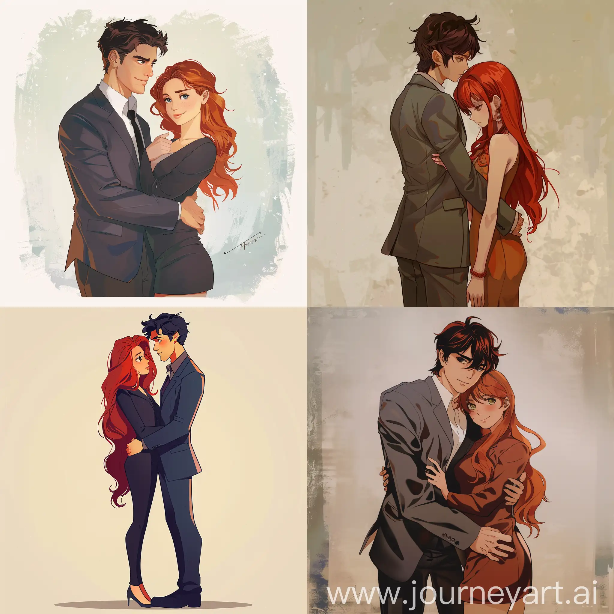 Elegant-DarkHaired-Man-Embracing-RedHaired-Girl-in-Formal-Attire