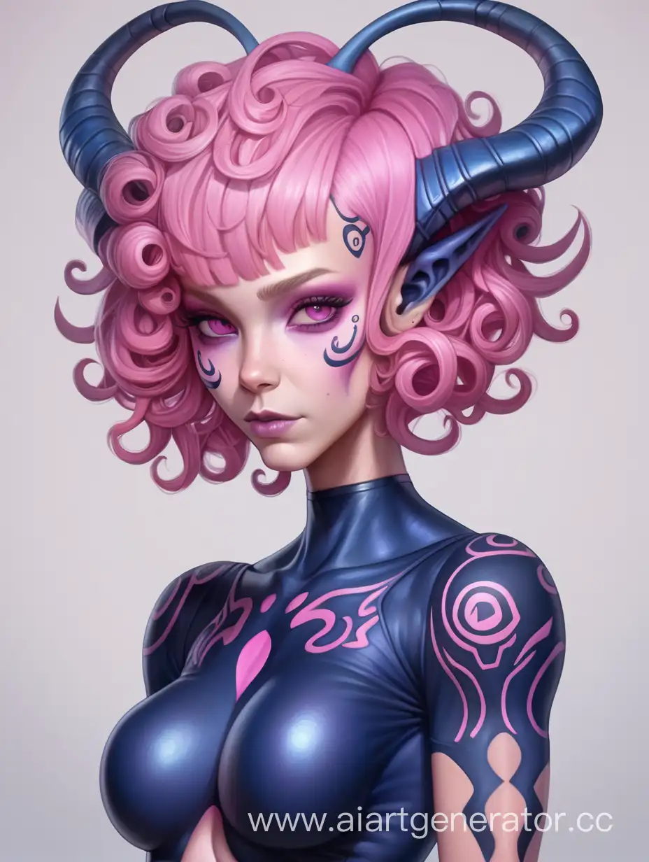 Alien, curvy body, pink skin, short pink hair with curls, alien dark blue outfit, rune tattoo, horns, female character