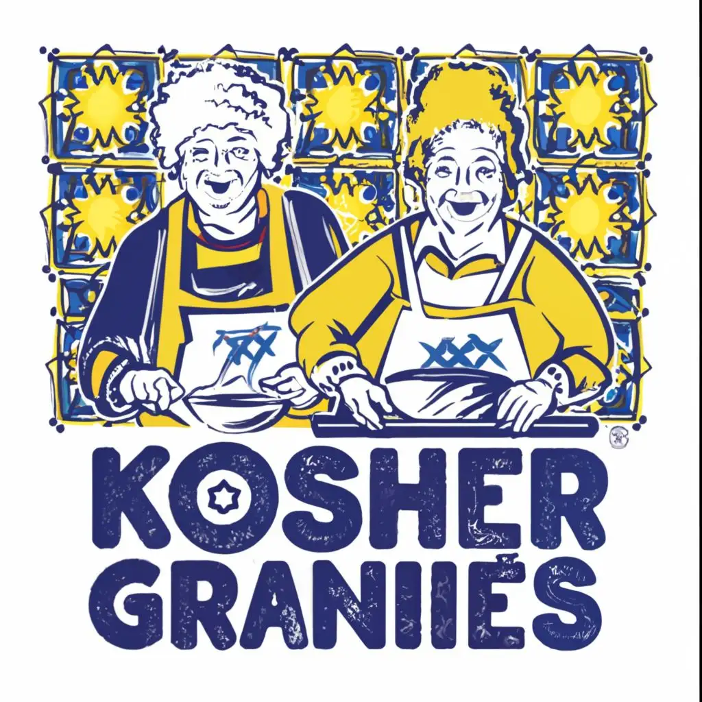 logo, Israel, yellow, blue, white, Jewish food and grannies cooking, Paul Klee, with the text "Kosher Grannies", in Portuguese tiles, typography, be used in Automotive industry