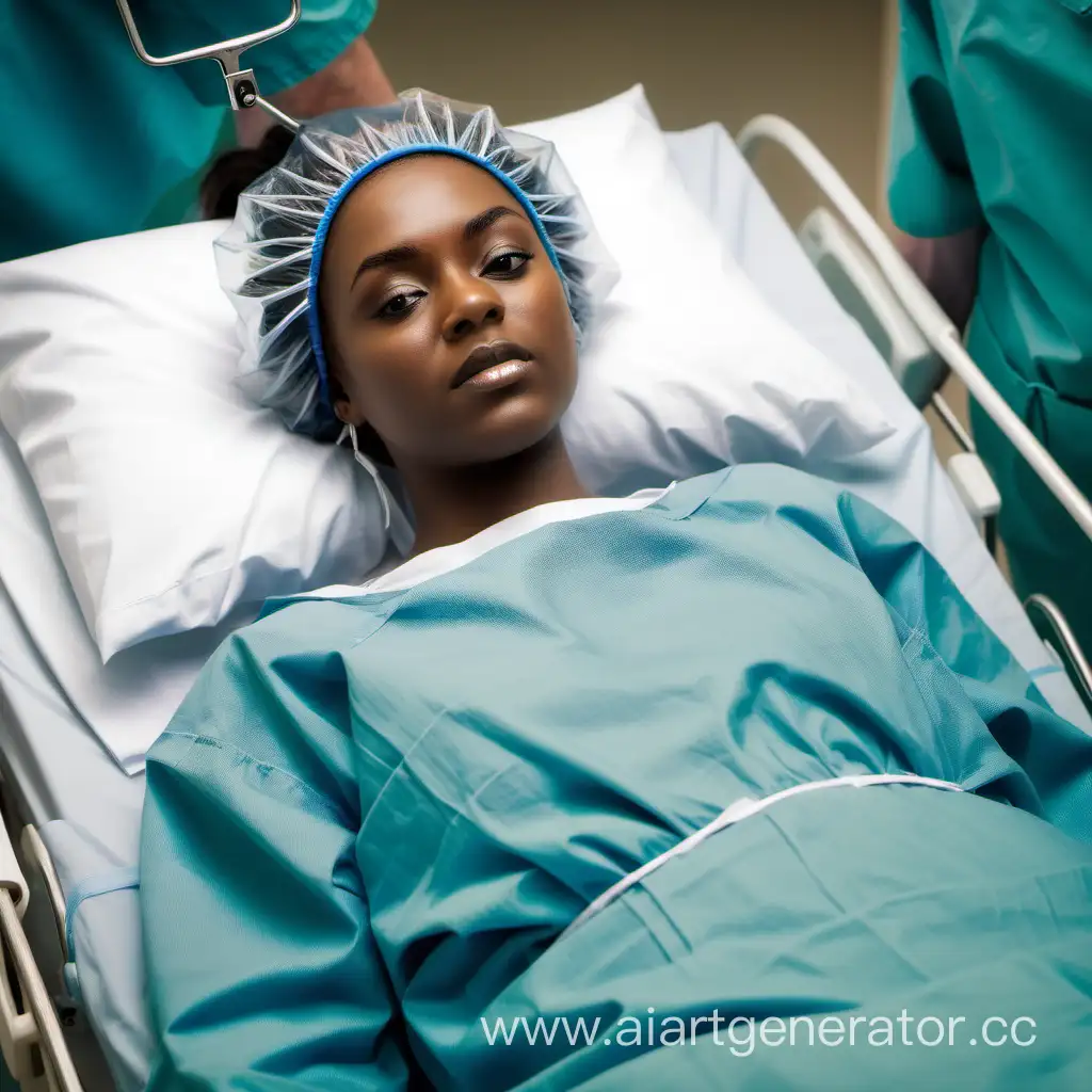 jung woman in hospitalgown and boffantcap lying on stretcher at hospital on the way to surgery